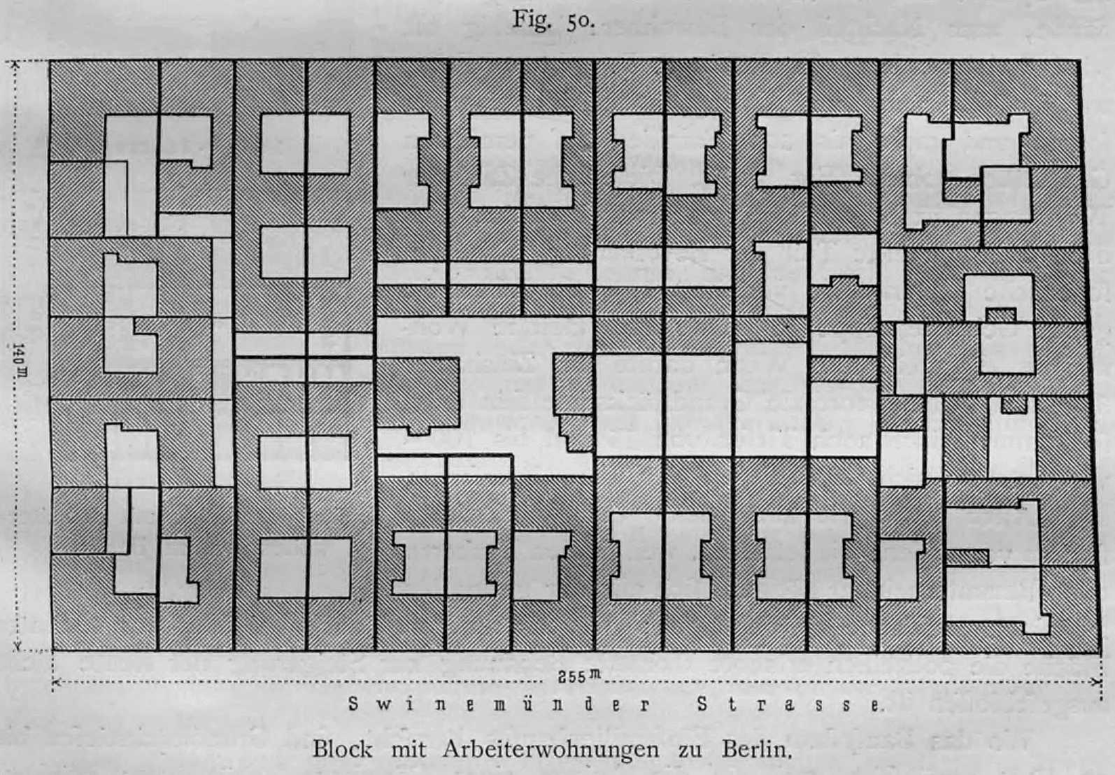 Lageplan eines Baublocks mit Arbeiterwohnungen an der Swinemünder Straße in Berlin.