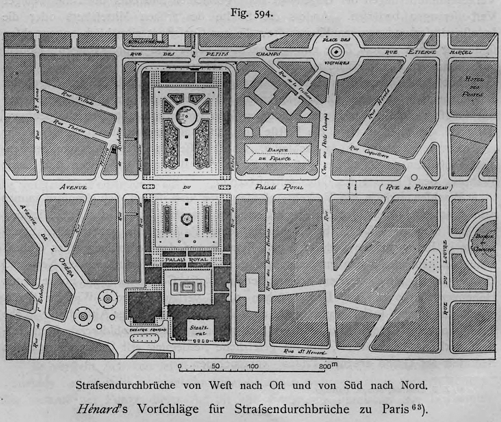 Stadtplanentwurf von Eugène Hénard mit vorgeschlagenen Straßendurchbrüchen durch den Pariser Stadtkern beim Palais Royal.