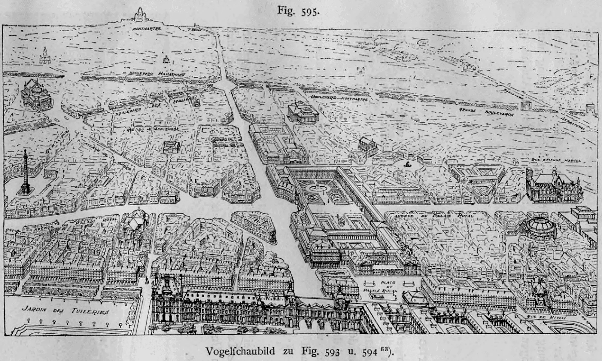 Vogelschaubild über Paris mit dem städtebaulichen Entwurf von Eugène Hénard für neue Straßendurchbrüche im Stadtzentrum.