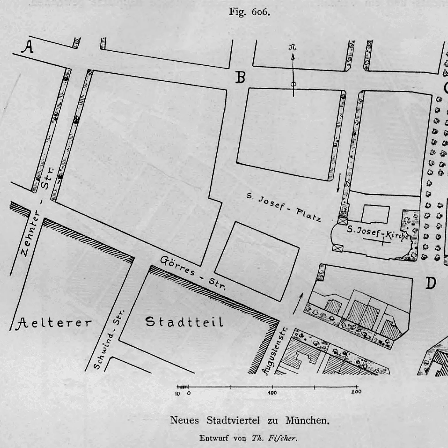 Städtebaulicher Lageplan für ein neues Stadtviertel in München mit dem St.-Josefs-Platz und der St.-Josefs-Kirche nach einem Entwurf von Theodor Fischer.