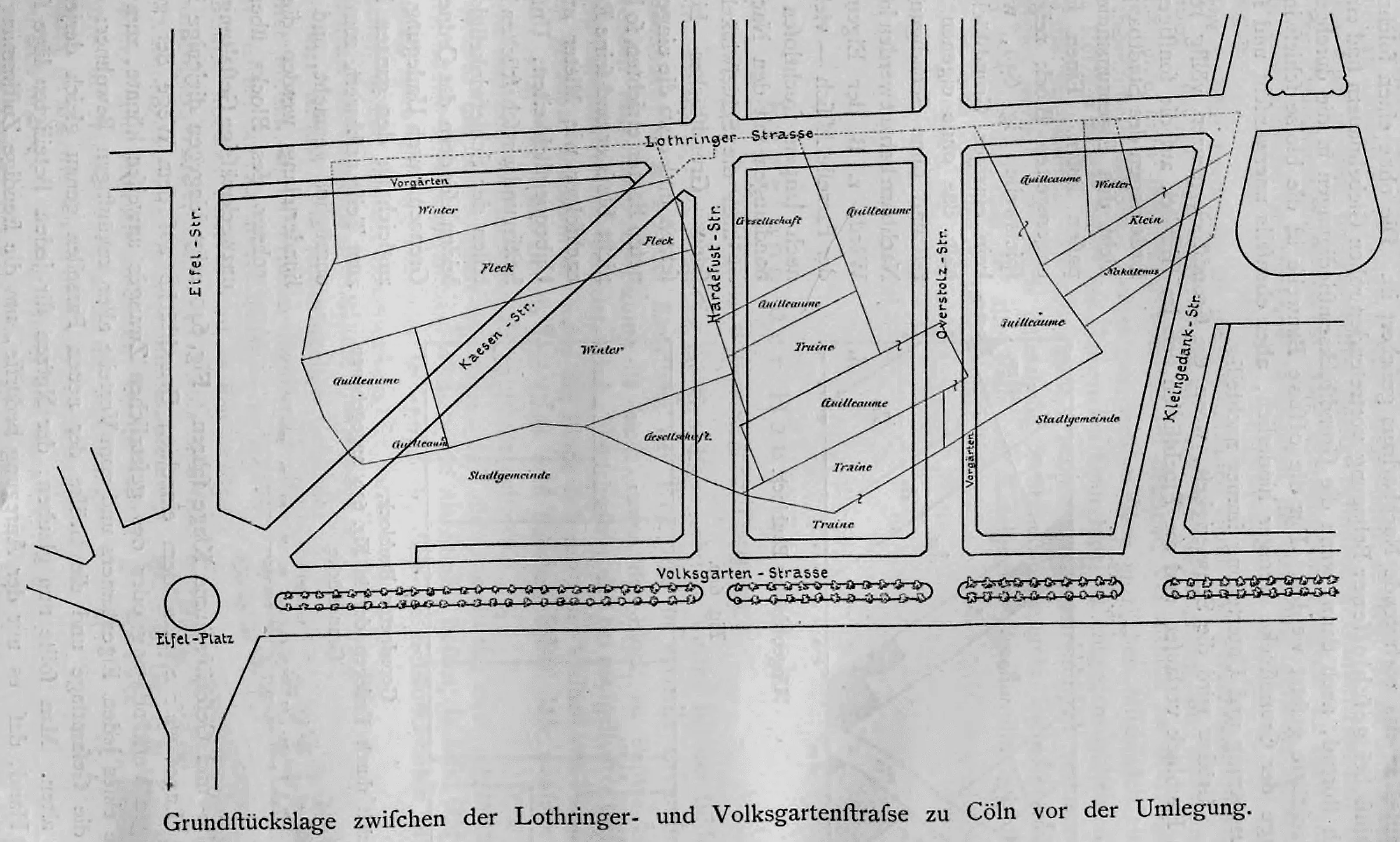Lageplan der Grundstücks- und Parzellenaufteilung zwischen Lothringer Straße und Volksgartenstraße in Köln vor der Umlegung.