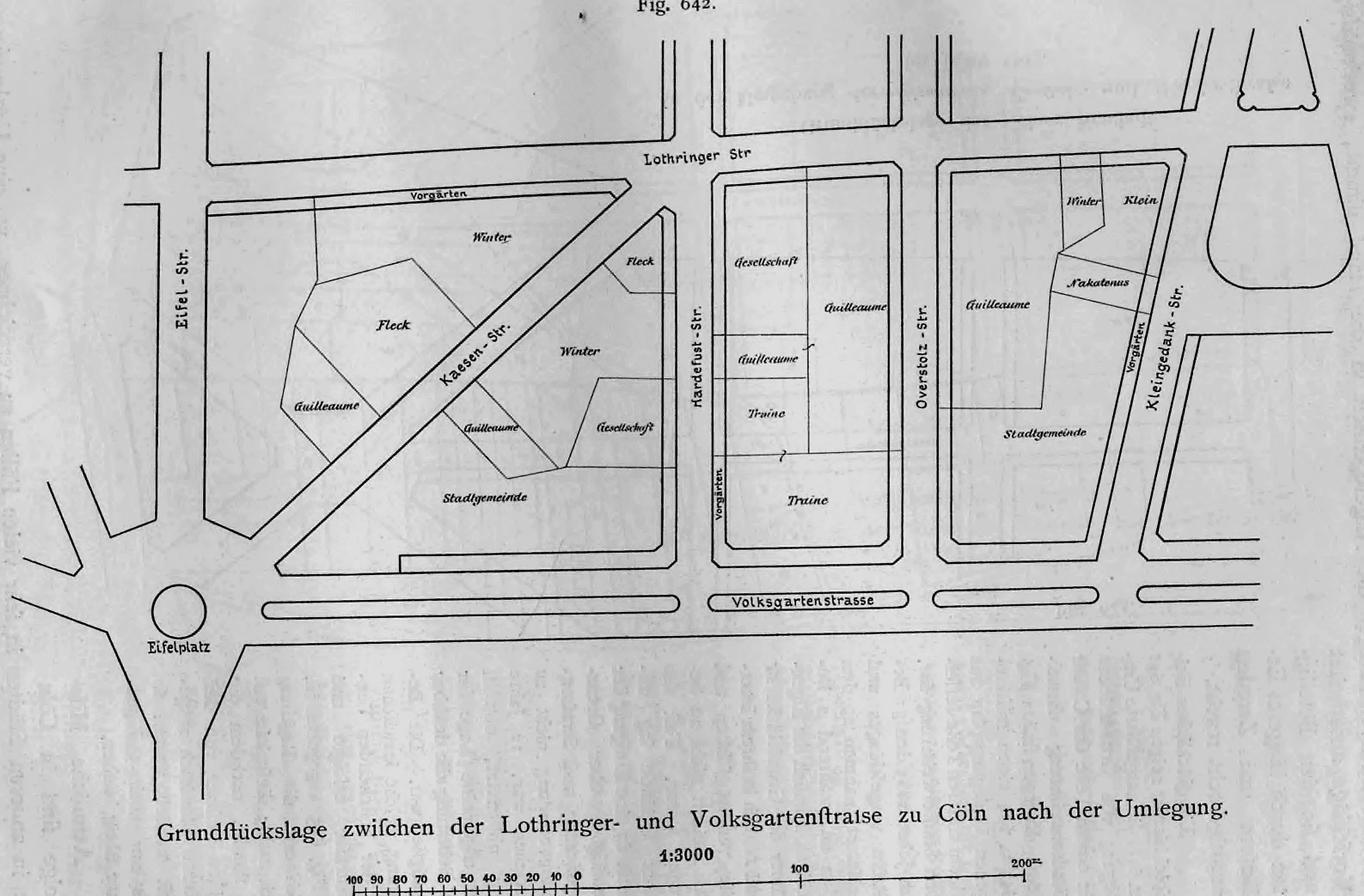 Lageplan der Grundstücke zwischen Lothringer Straße und Volksgartenstraße in Köln nach durchgeführter Umlegung im Maßstab 1:3000.