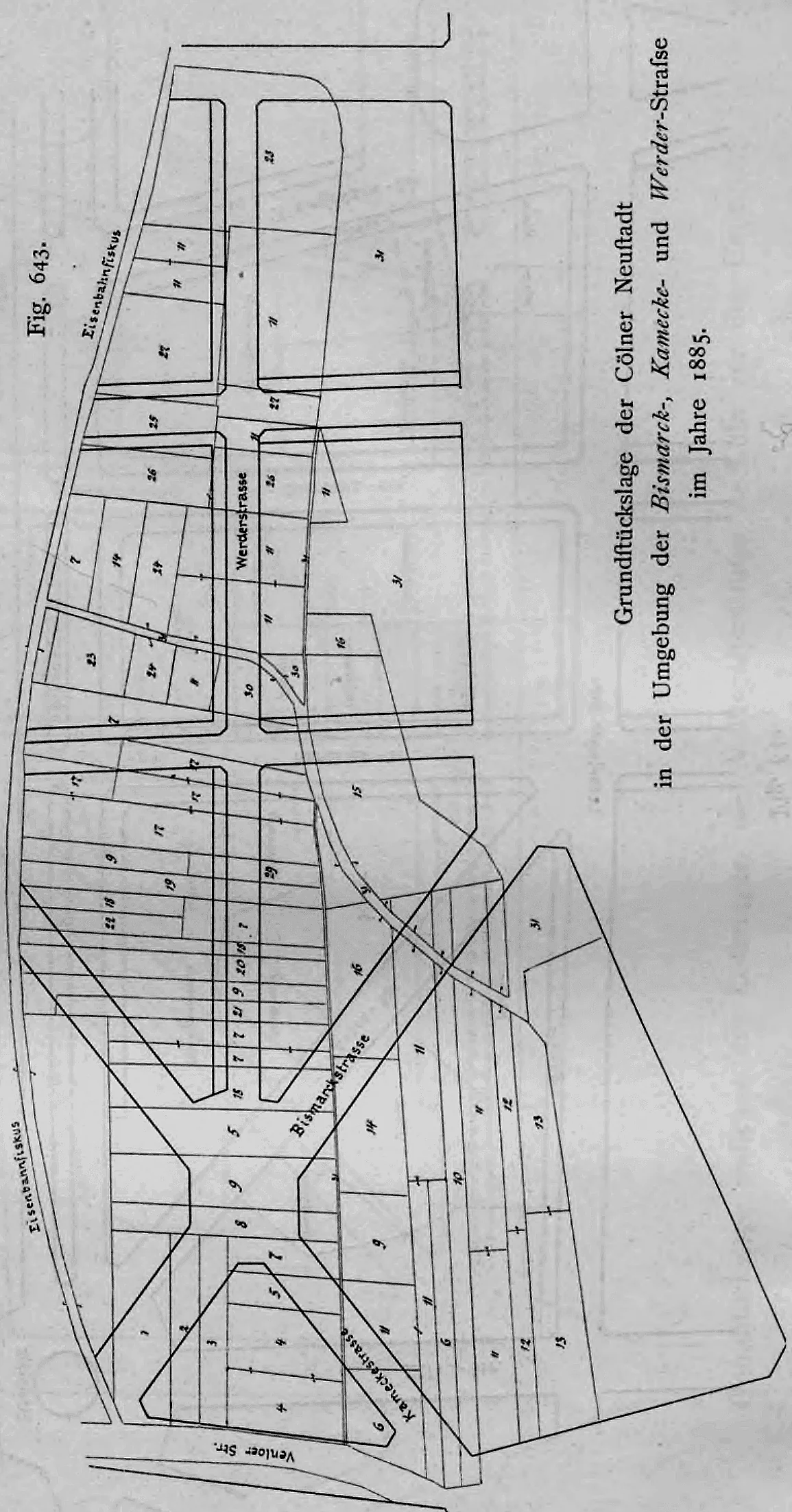 Katasterplan zur ursprünglichen Grundstückslage im Bereich Bismarck-, Kamecke- und Werder-Straße in der Kölner Neustadt im Jahr 1885.