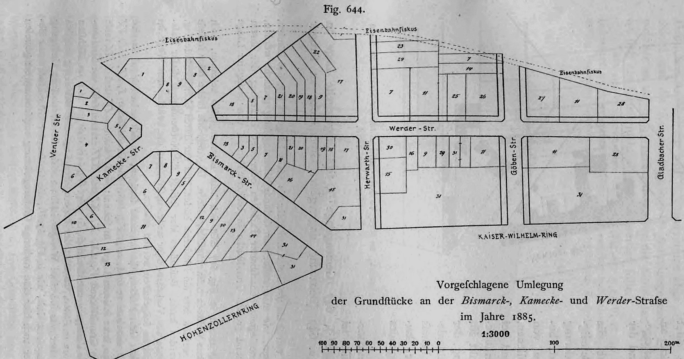 Lageplan eines Entwurfs zur Baulandumlegung im Bereich der Bismarck-, Kamecke- und Werder-Straße in Köln aus dem Jahr 1885.