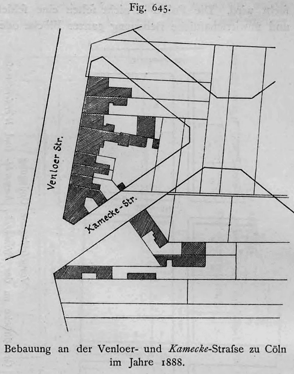 Lageplan der unregelmäßigen Bebauung an der Kreuzung Venloer Straße und Kameckestraße in Köln im Jahr 1888.