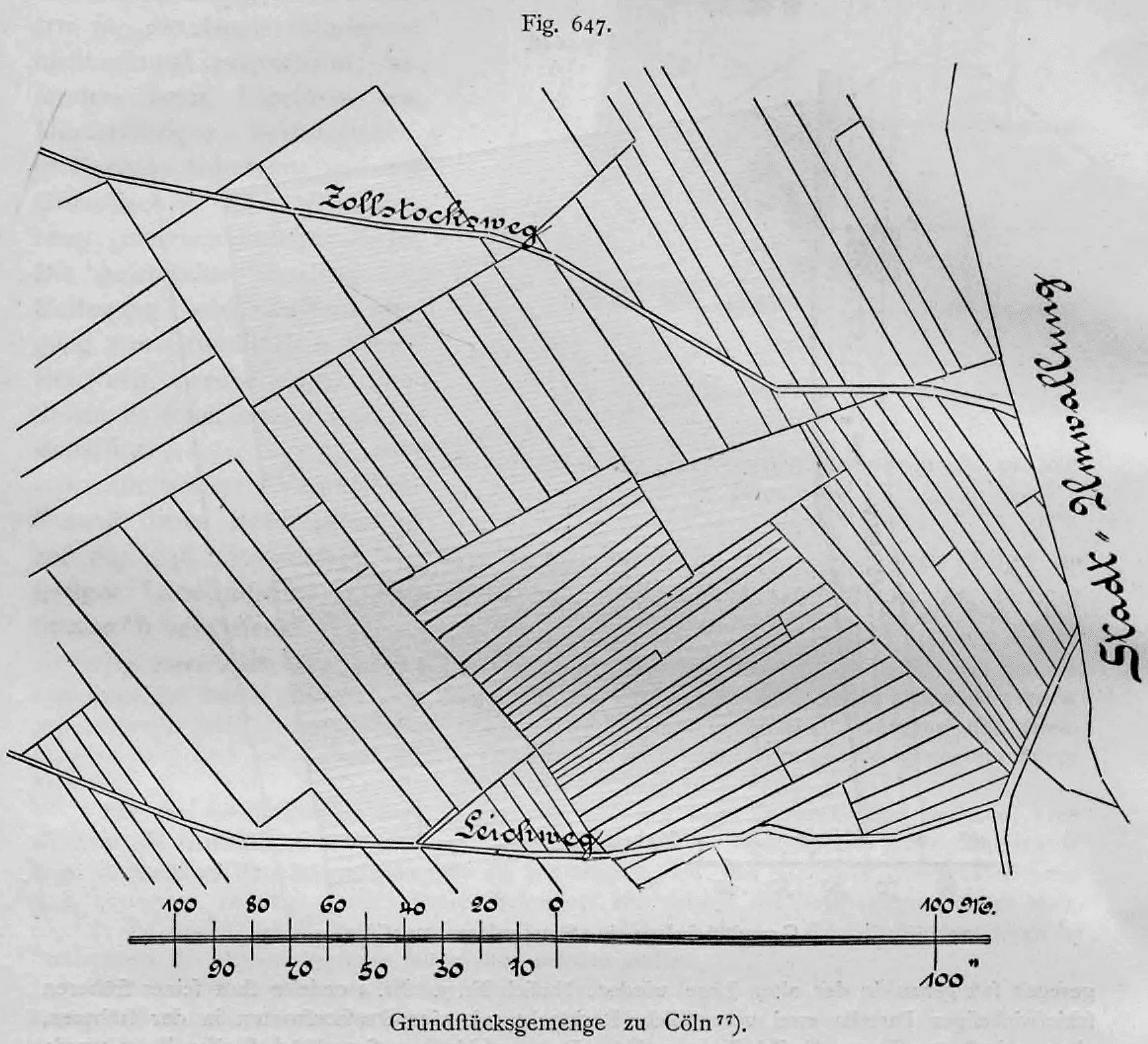 Parzellenplan eines stark zersplitterten Grundstücksgemenges in Köln mit historischen Wegen und Stadtumwallung.