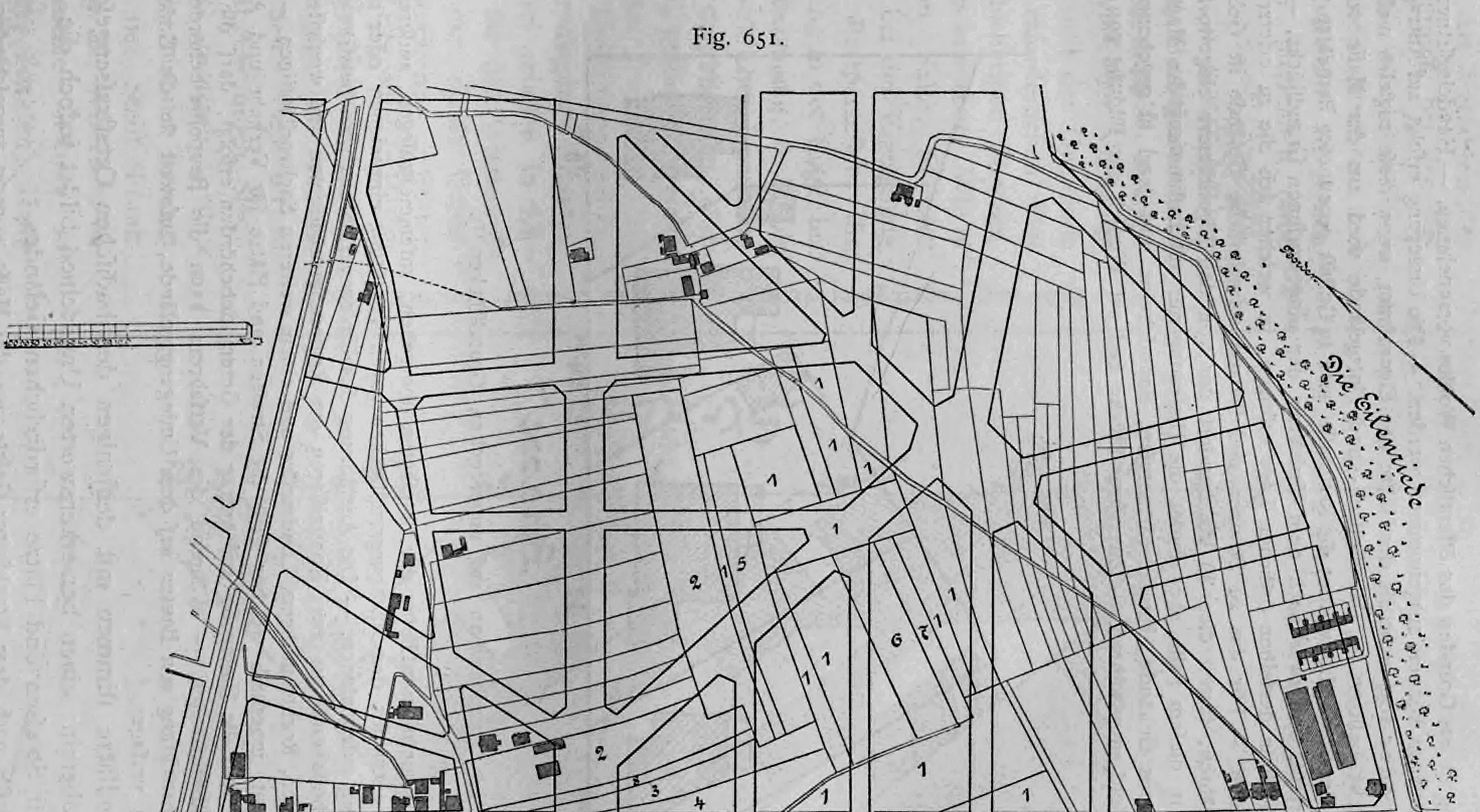 Kataster- und Bebauungsplan eines ungeregelten Grundstücksgemenges in Hannover an der Eilenriede.