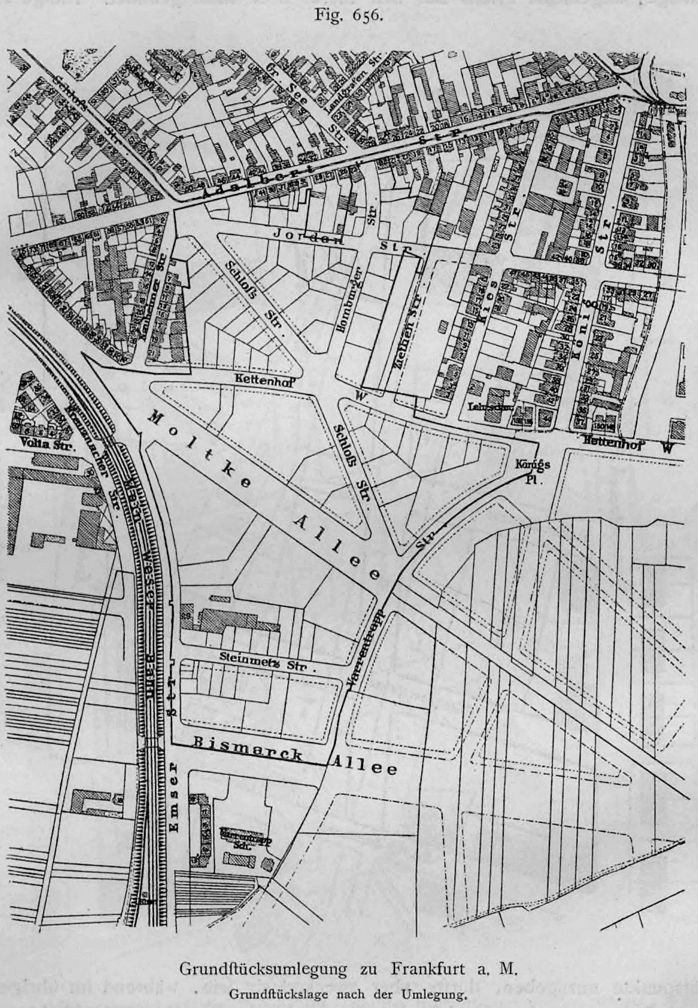 Katasterplan zur Grundstücksumlegung in Frankfurt am Main mit der Neuordnung der Parzellen nach der Umlegung.