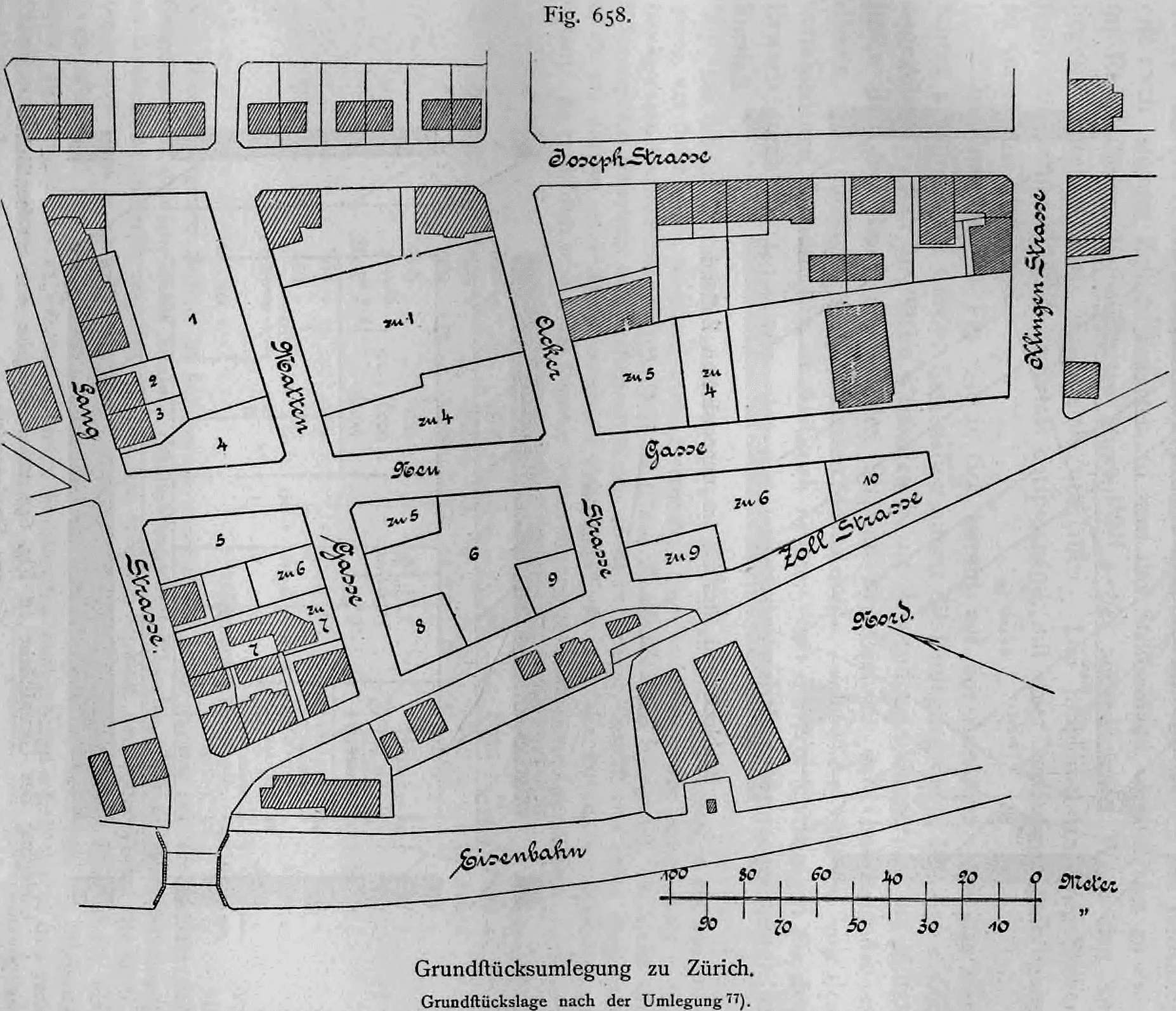 Lageplan einer Grundstücksumlegung in Zürich nach durchgeführter Neuordnung der Parzellen.