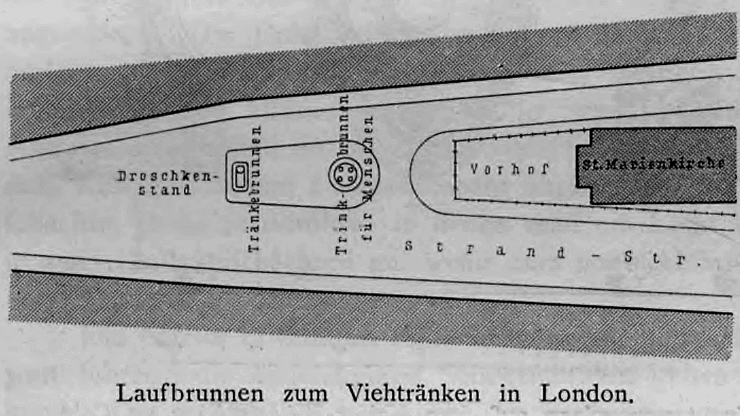 Lageplan einer Straßeninselanlage mit Viehtränke- und Trinkbrunnen an der Strand-Straße vor der St.-Marien-Kirche in London.