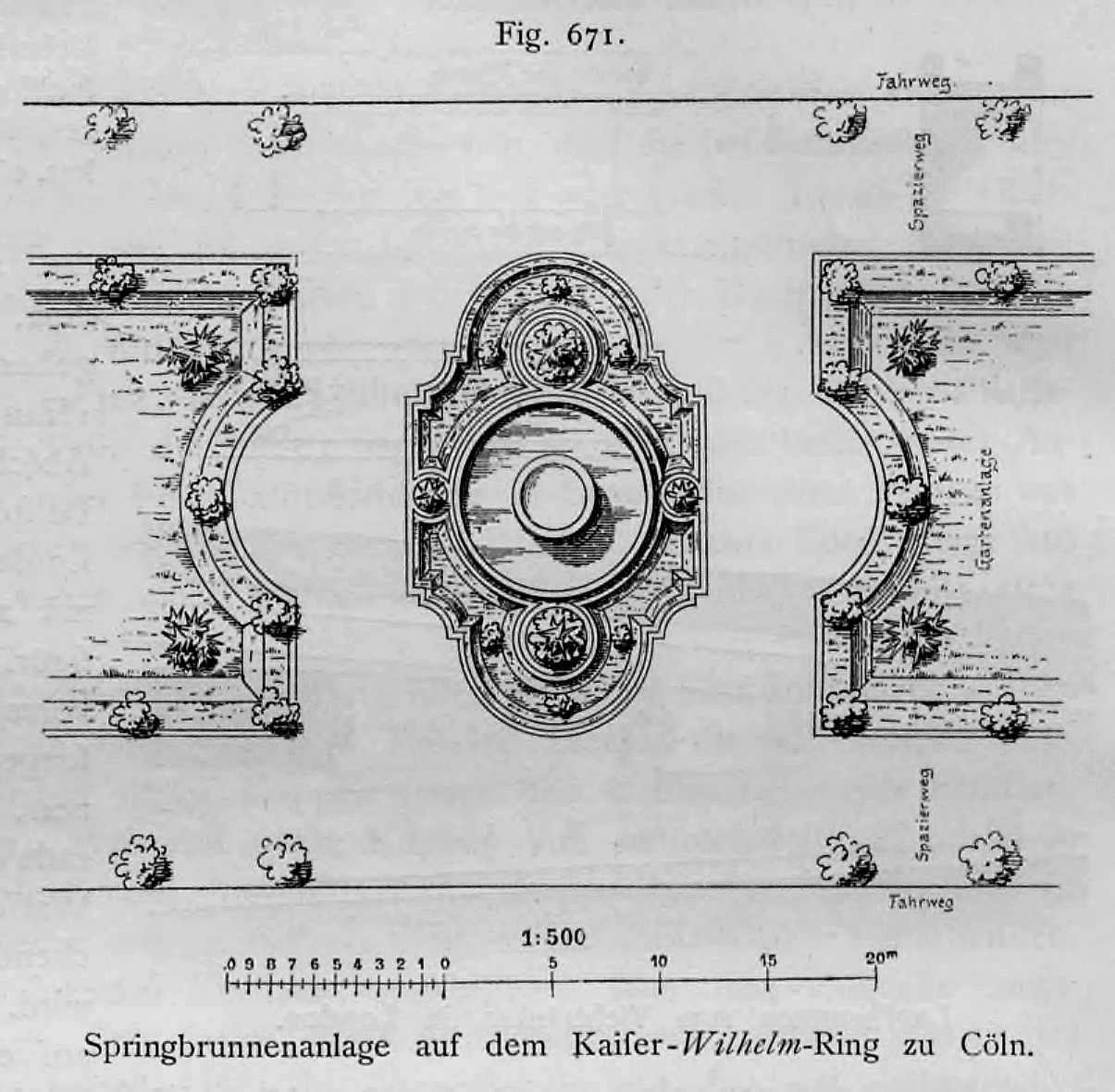 Lageplan und Grundriss der Springbrunnenanlage auf dem Kaiser-Wilhelm-Ring in Köln im Maßstab 1:500.