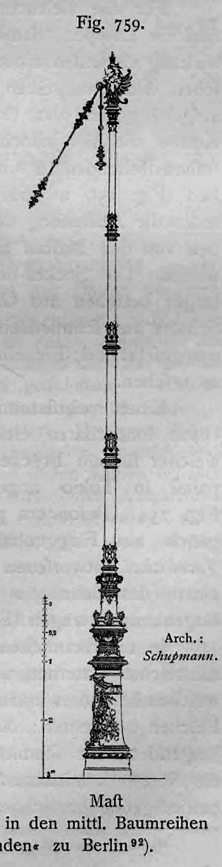 Aufrisszeichnung des von Ludwig Schupmann entworfenen elektrischen Lichtmastes in den mittleren Baumreihen der Straße Unter den Linden in Berlin.