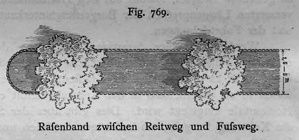 Aufsicht auf einen mit Bäumen bepflanzten Rasenstreifen zur Trennung von Reitweg und Fußweg.