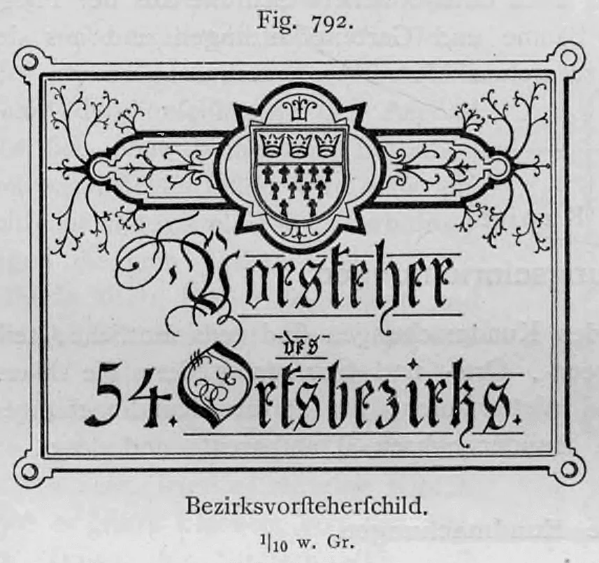 Entwurfszeichnung eines ornamentierten Bezirksvorsteherschildes für den 54. Ortsbezirk mit Kölner Wappen im Maßstab 1:10.