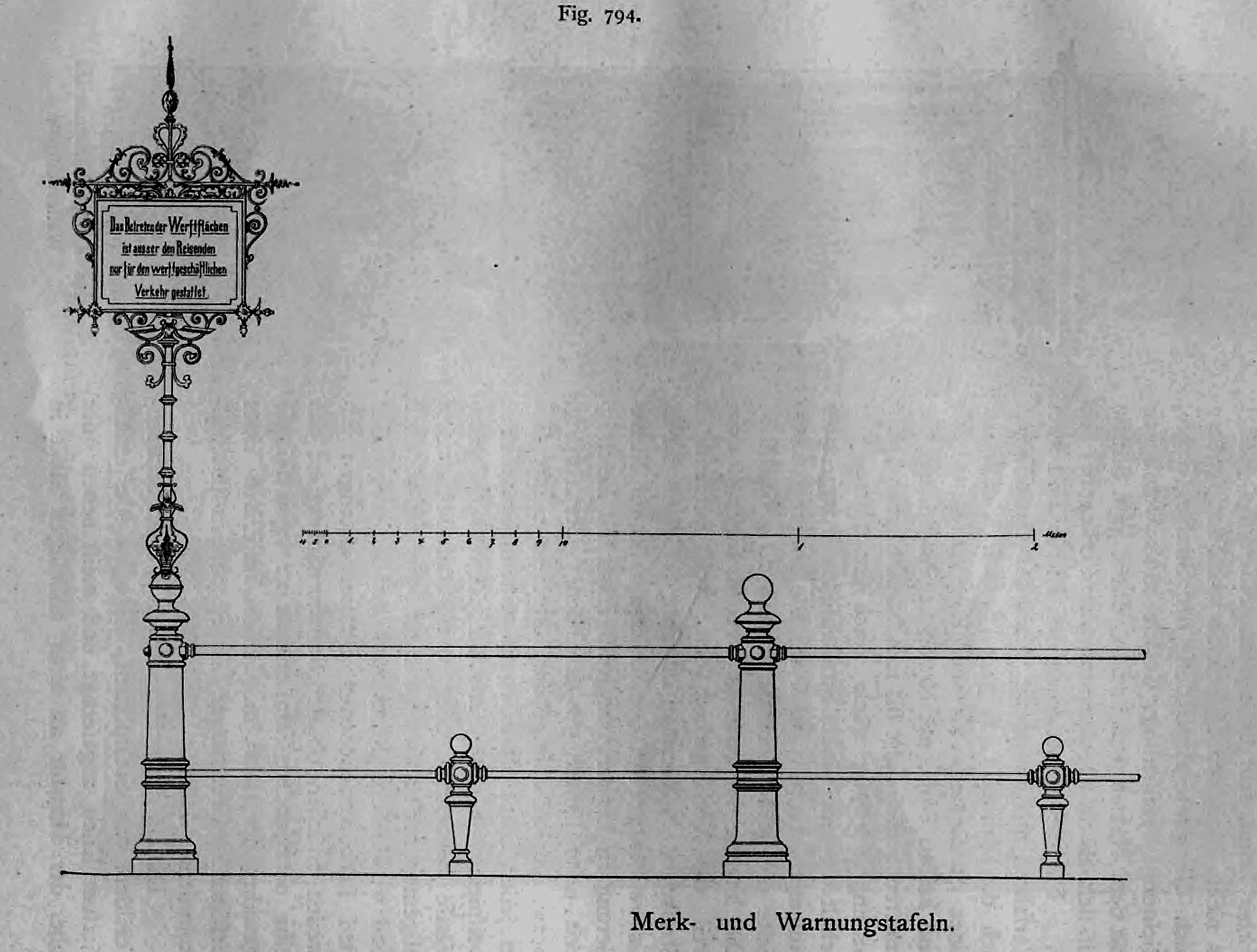 Aufrisszeichnung einer reich ornamentierten Merk- und Warnungstafel mit Geländerkonstruktion und Maßstab.