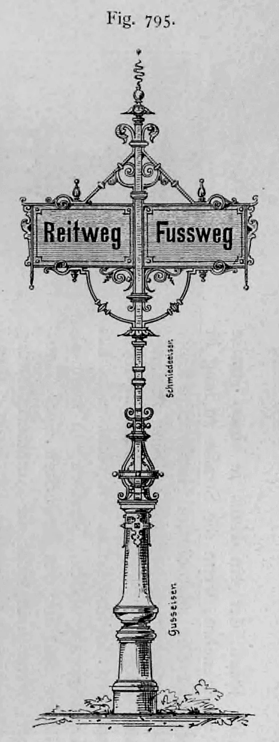 Historischer Wegweiser und Hinweisschildständer aus Gusseisen und Schmiedeeisen für Reitweg und Fußweg.