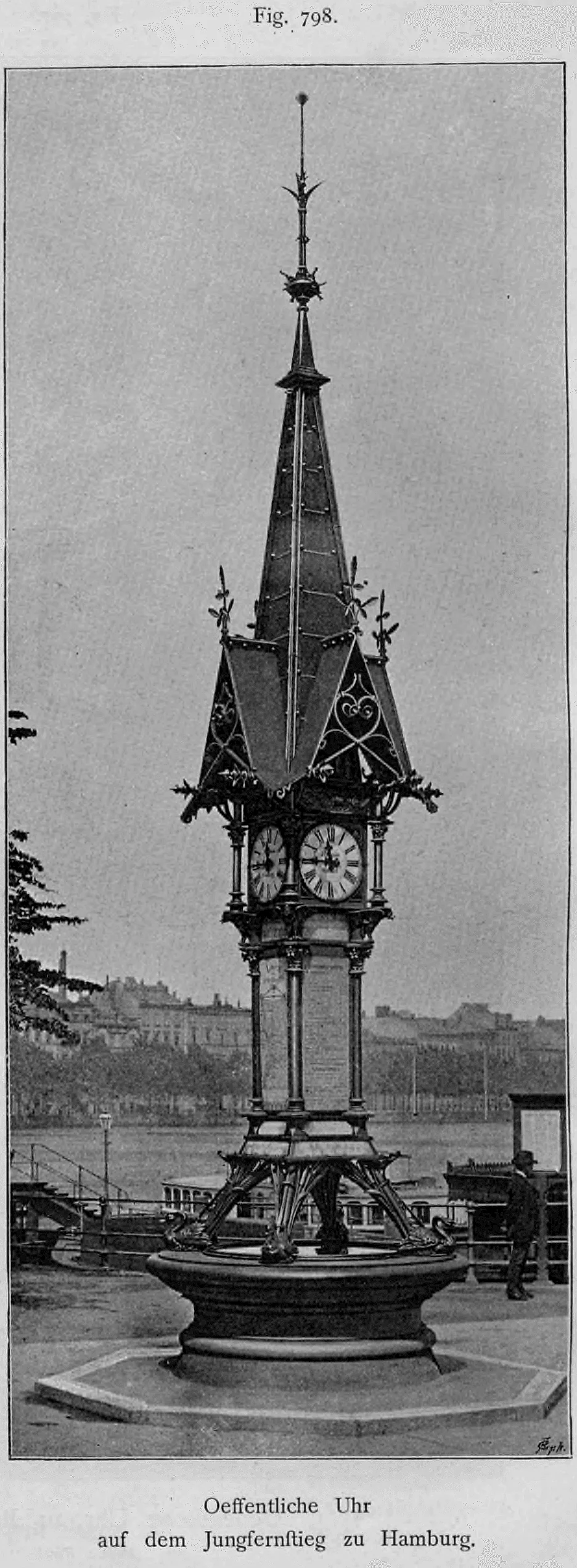 Historische Fotografie einer reich verzierten neugotischen öffentlichen Uhr auf dem Jungfernstieg in Hamburg.