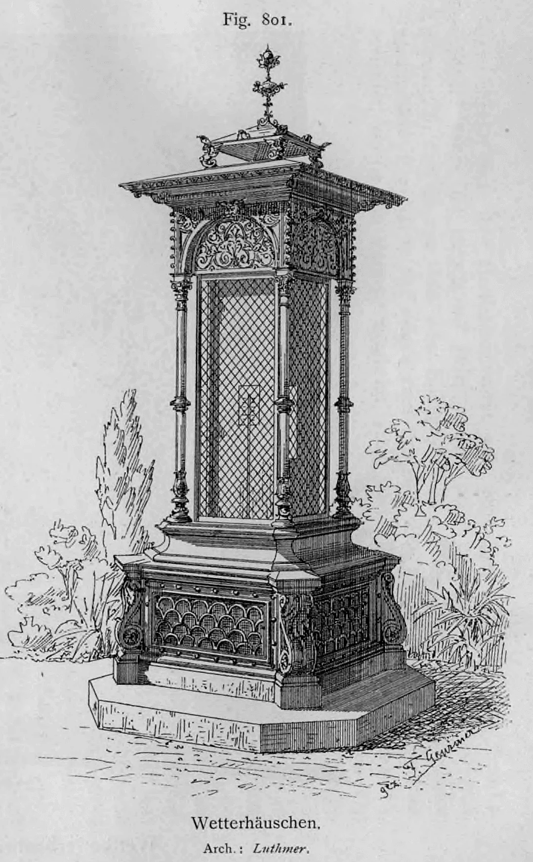 Perspektivische Ansicht eines reich verzierten Wetterhäuschens nach einem Entwurf des Architekten Luthmer.