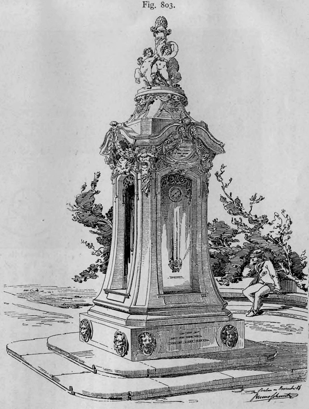 Perspektivische Zeichnung eines Wettbewerbentwurfs für eine reich verzierte Wettersäule in Berlin von Architekt Bruno Schmitz.