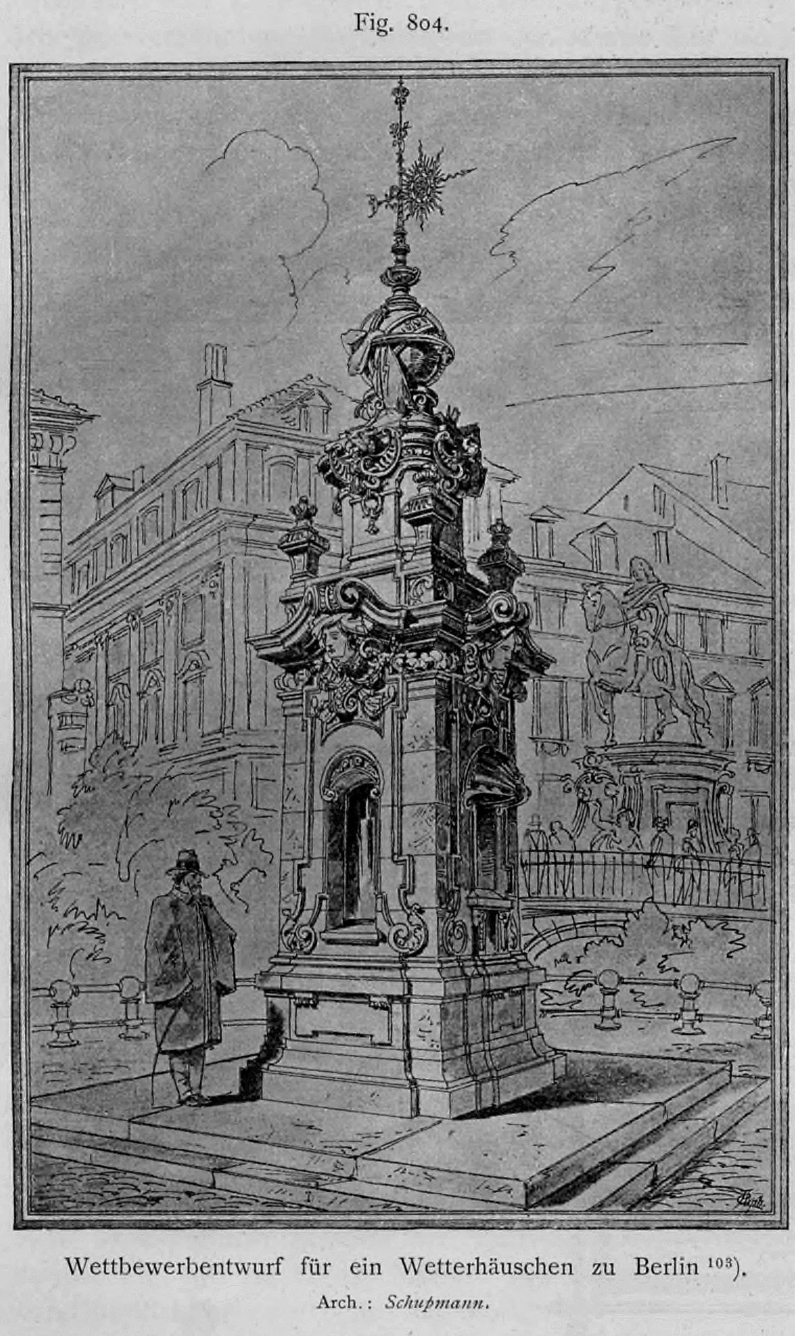 Perspektivische Zeichnung eines historistischen Wetterhäuschen-Entwurfs für Berlin von Architekt Schupmann.
