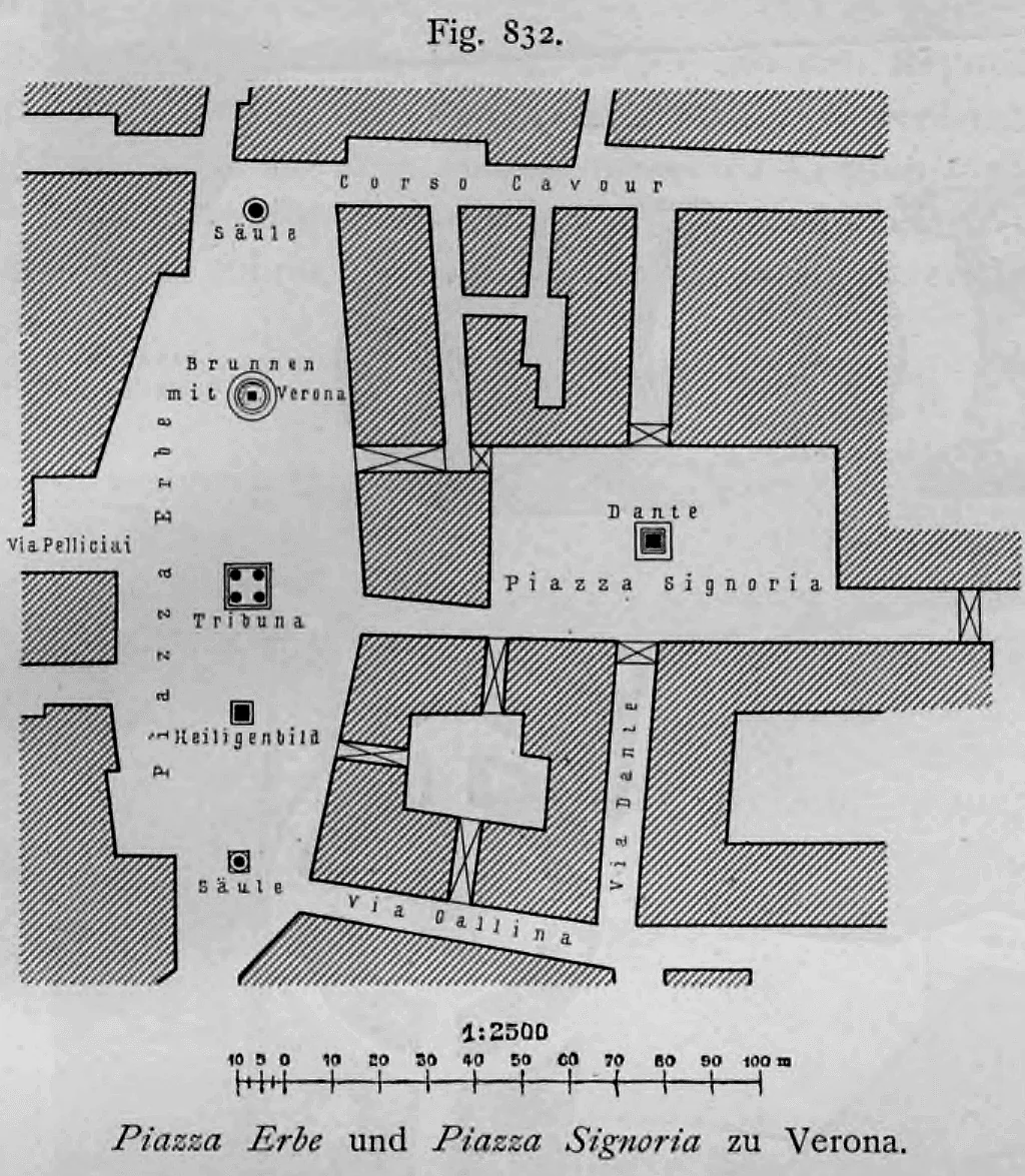 Lageplan der Piazza delle Erbe und der Piazza dei Signori in Verona im Maßstab 1:2500.