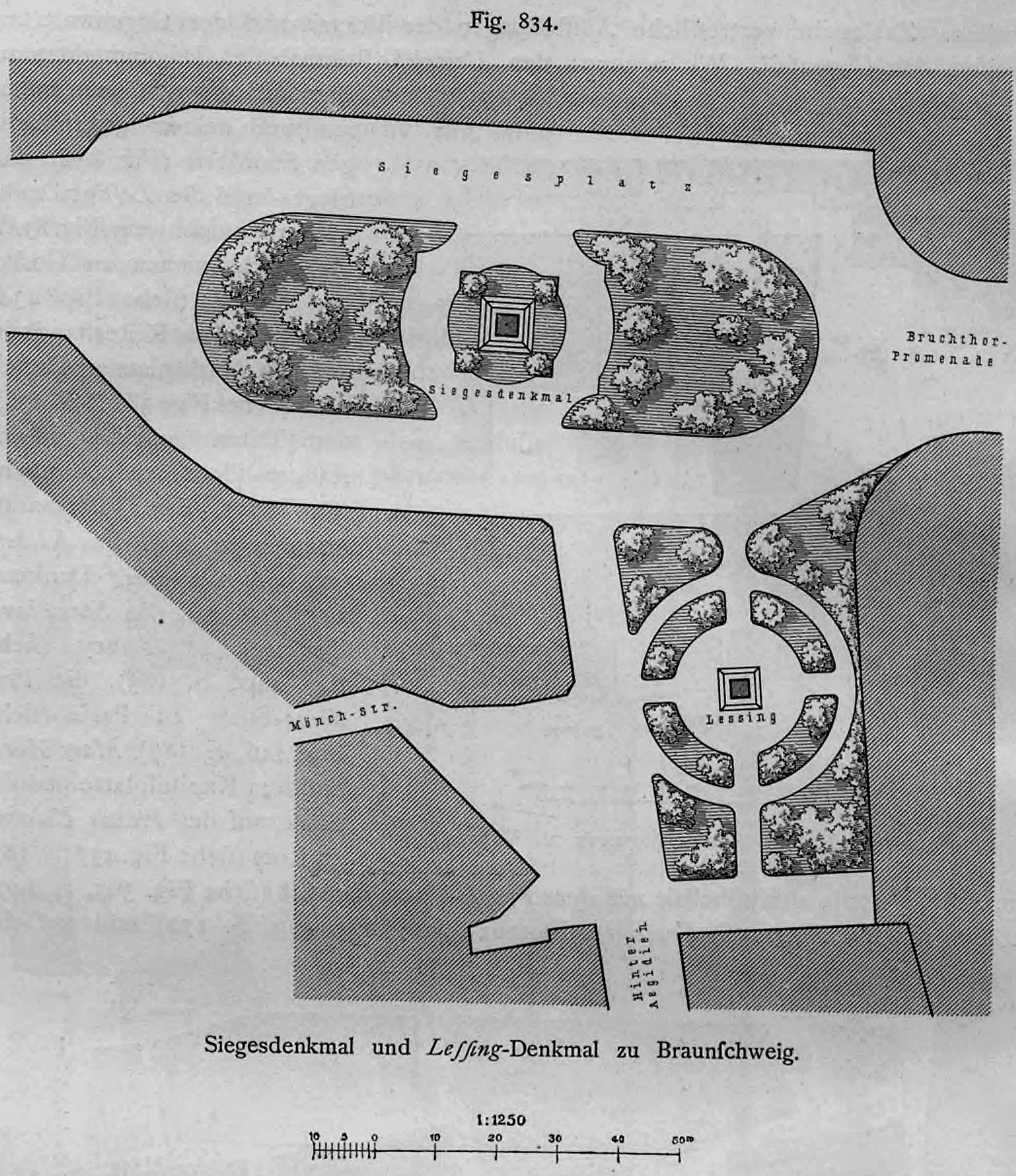 Lageplan des Siegesplatzes und der angrenzenden Platzanlage mit dem Siegesdenkmal und dem Lessing-Denkmal in Braunschweig.