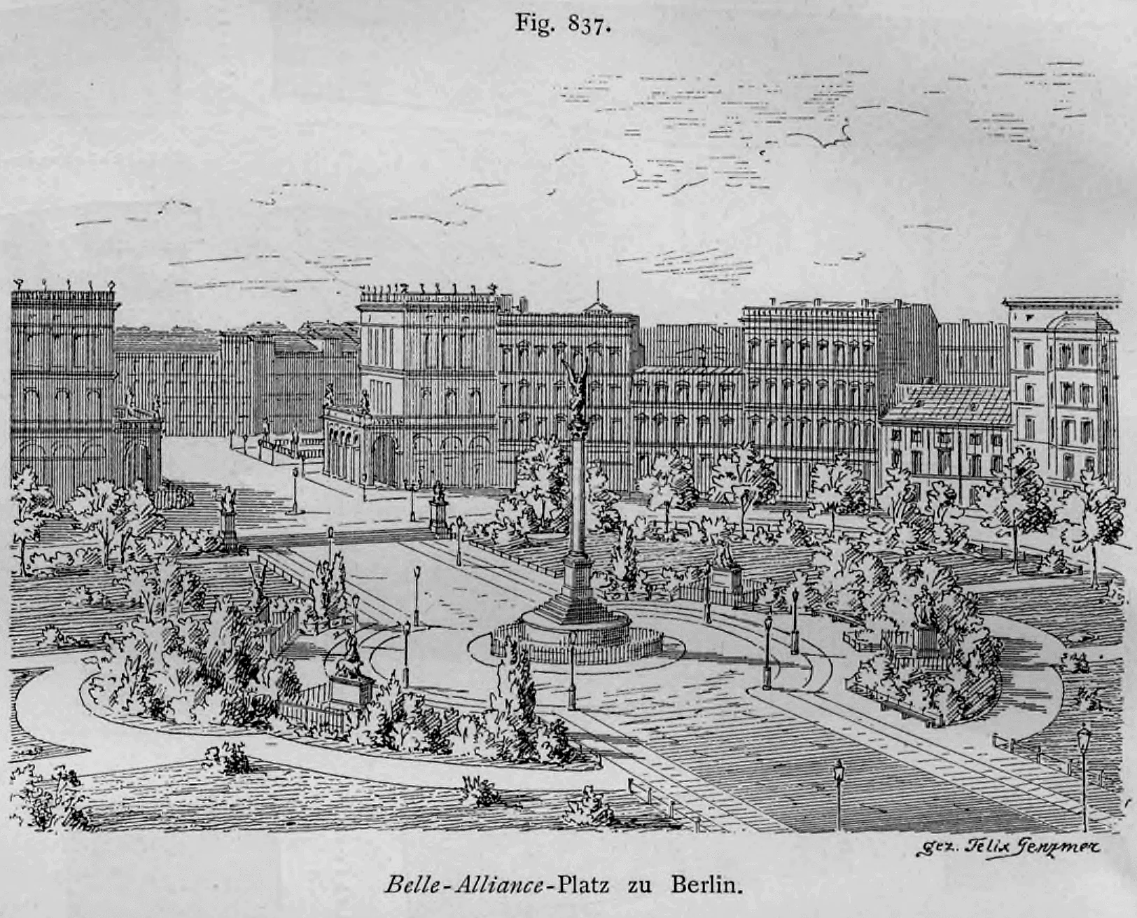 Perspektivische Ansicht des Belle-Alliance-Platzes (heute Mehringplatz) in Berlin mit der Friedenssäule im Zentrum.