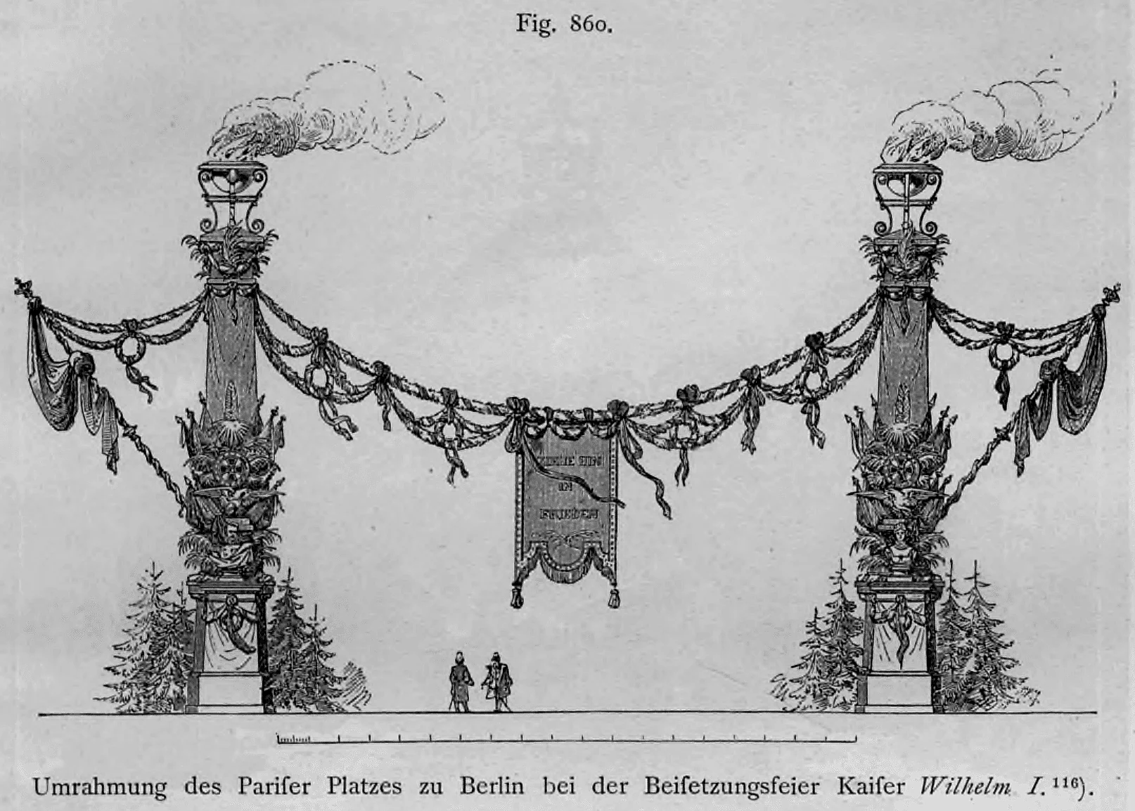 Aufrisszeichnung der temporären dekorativen Umrahmung des Pariser Platzes in Berlin anlässlich der Trauer- und Beisetzungsfeier für Kaiser Wilhelm I. im Jahr 1888.
