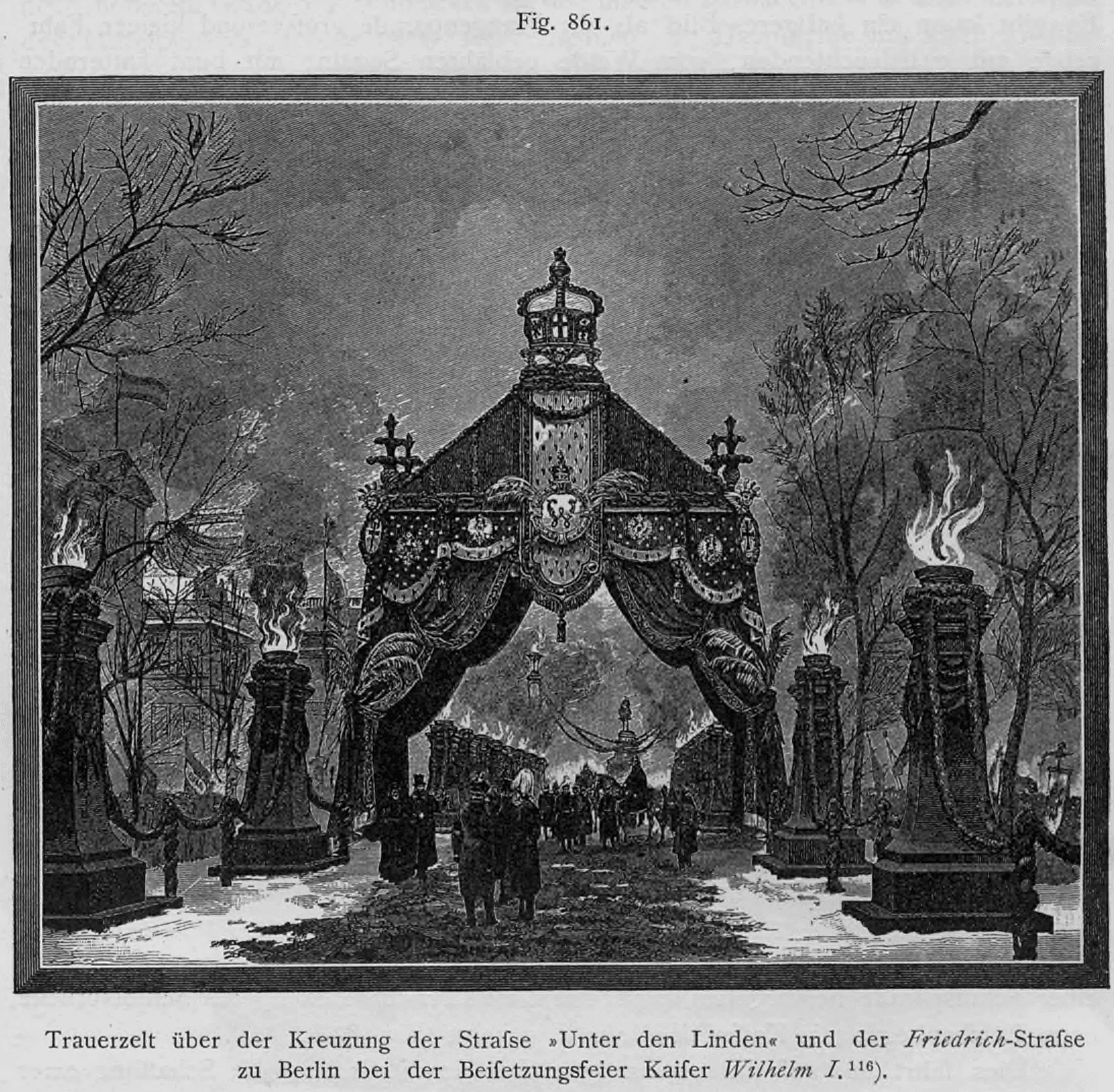 Holzstich des monumentalen Trauerzelts an der Kreuzung von »Unter den Linden« und Friedrichstraße in Berlin bei der Beisetzungsfeier Kaiser Wilhelms I. (1888).