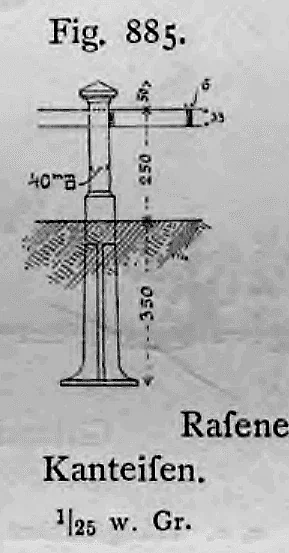 Technische Aufrisszeichnung eines metallenen Pfostens für eine Raseneinfassung aus Kanteisen.