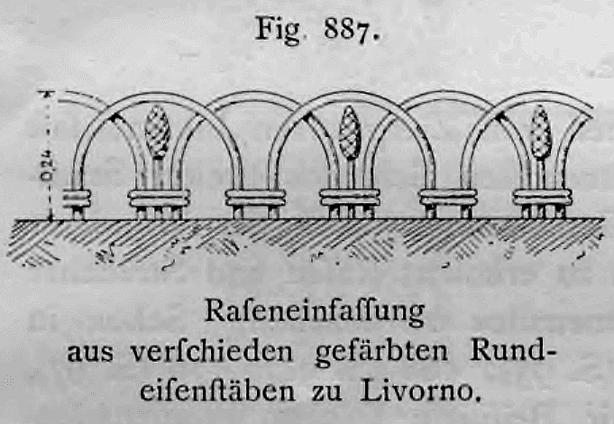 Ansichtszeichnung einer dekorativen Raseneinfassung aus gebogenen Rundeisenstäben nach einem Vorbild in Livorno.