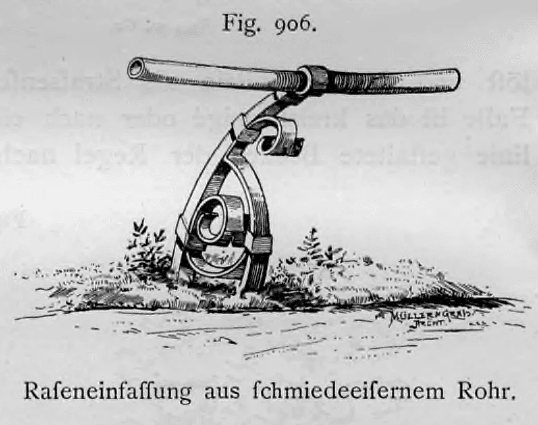 Perspektivische Zeichnung einer niedrigen Raseneinfassung aus schmiedeeisernem Rohr mit geschwungenem Halter.