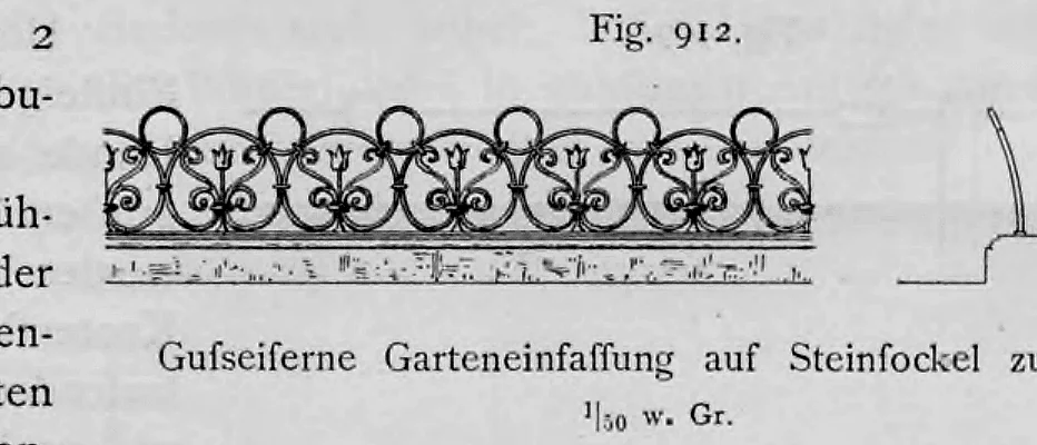 Entwurfszeichnung einer gußeisernen Garteneinfassung auf Steinsockel nach einem Pariser Vorbild.