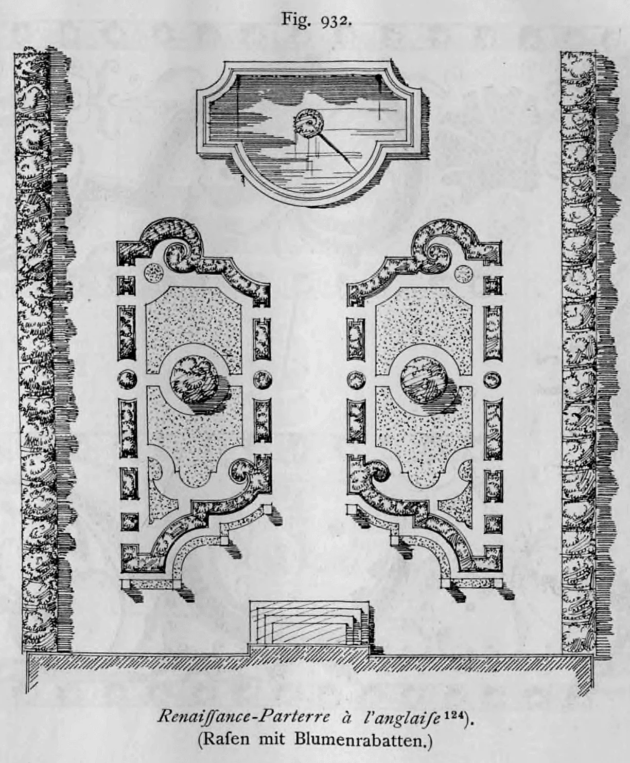 Grundrissplan eines Renaissance-Parterres à l’anglaise mit Rasenflächen und Blumenrabatten.