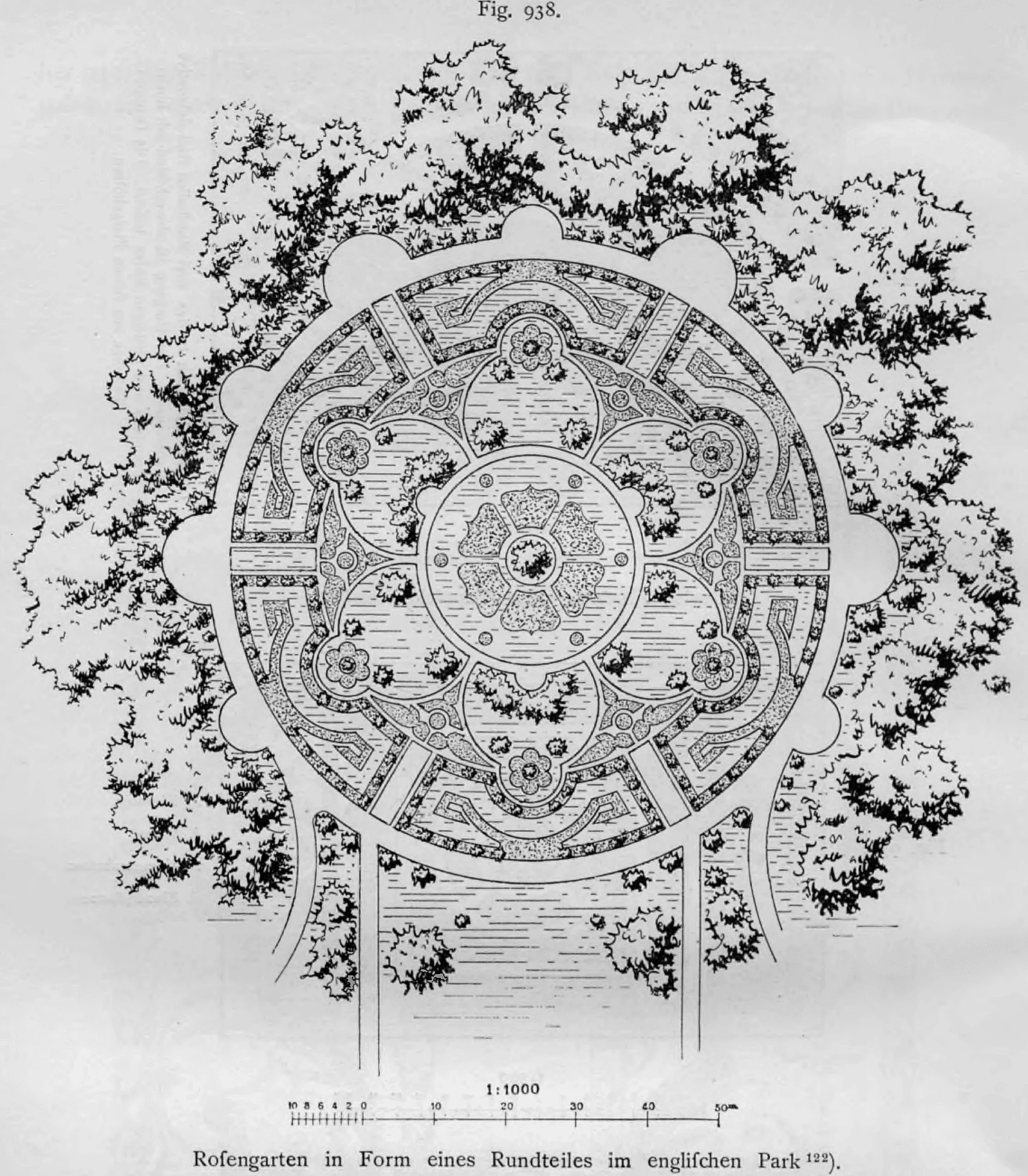 Grundrissplan eines kreisrunden Rosengartens in Form eines Rundteils innerhalb eines englischen Landschaftsparks.