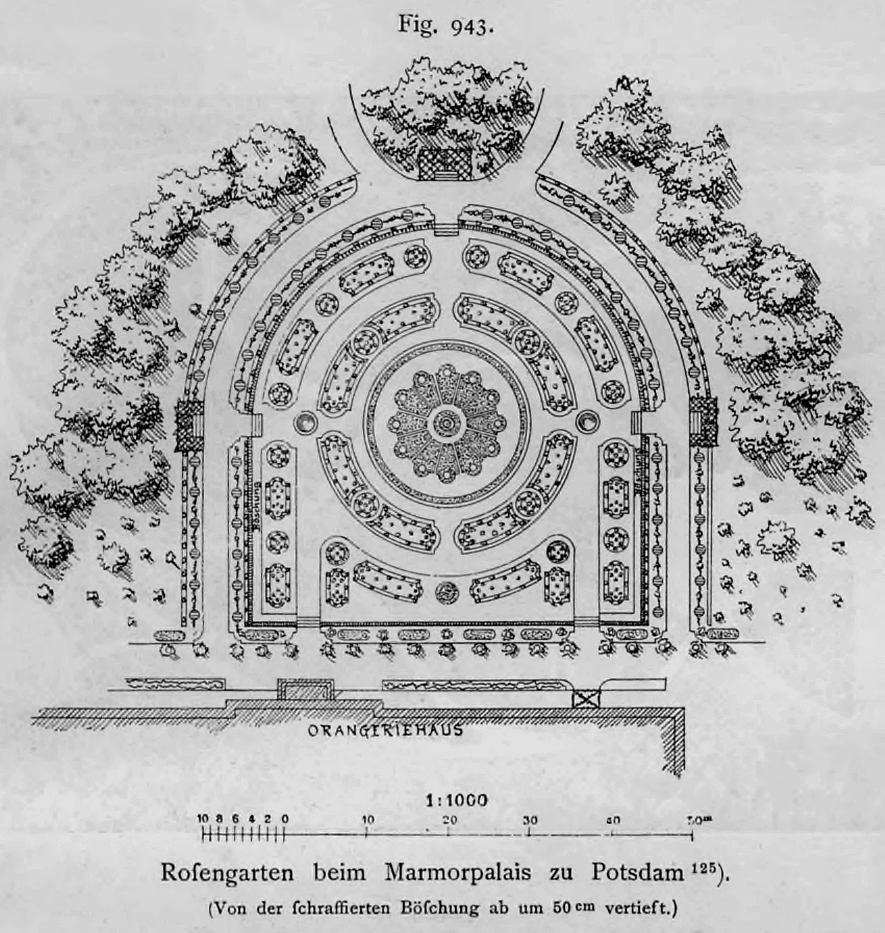 Grundrissplan des vertieften Rosengartens am Orangeriehaus des Marmorpalais in Potsdam im Maßstab 1:1000.