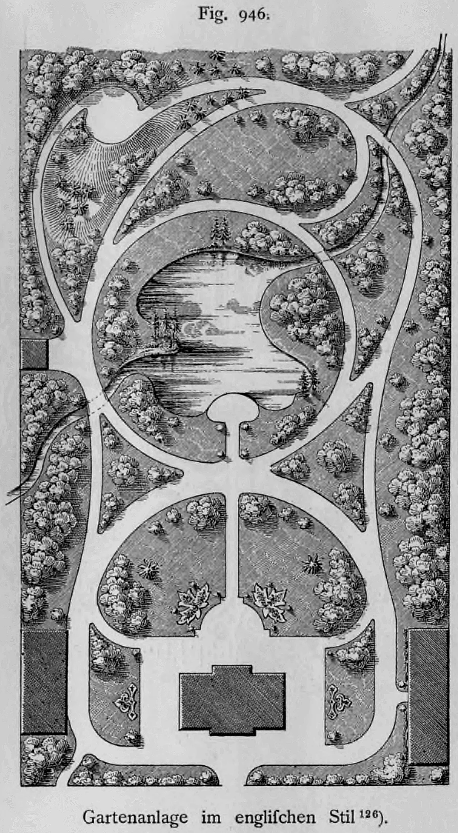 Lageplan einer Gartenanlage im englischen Landschaftsstil mit geschwungenen Wegen, Rasenflächen und einem Teich.