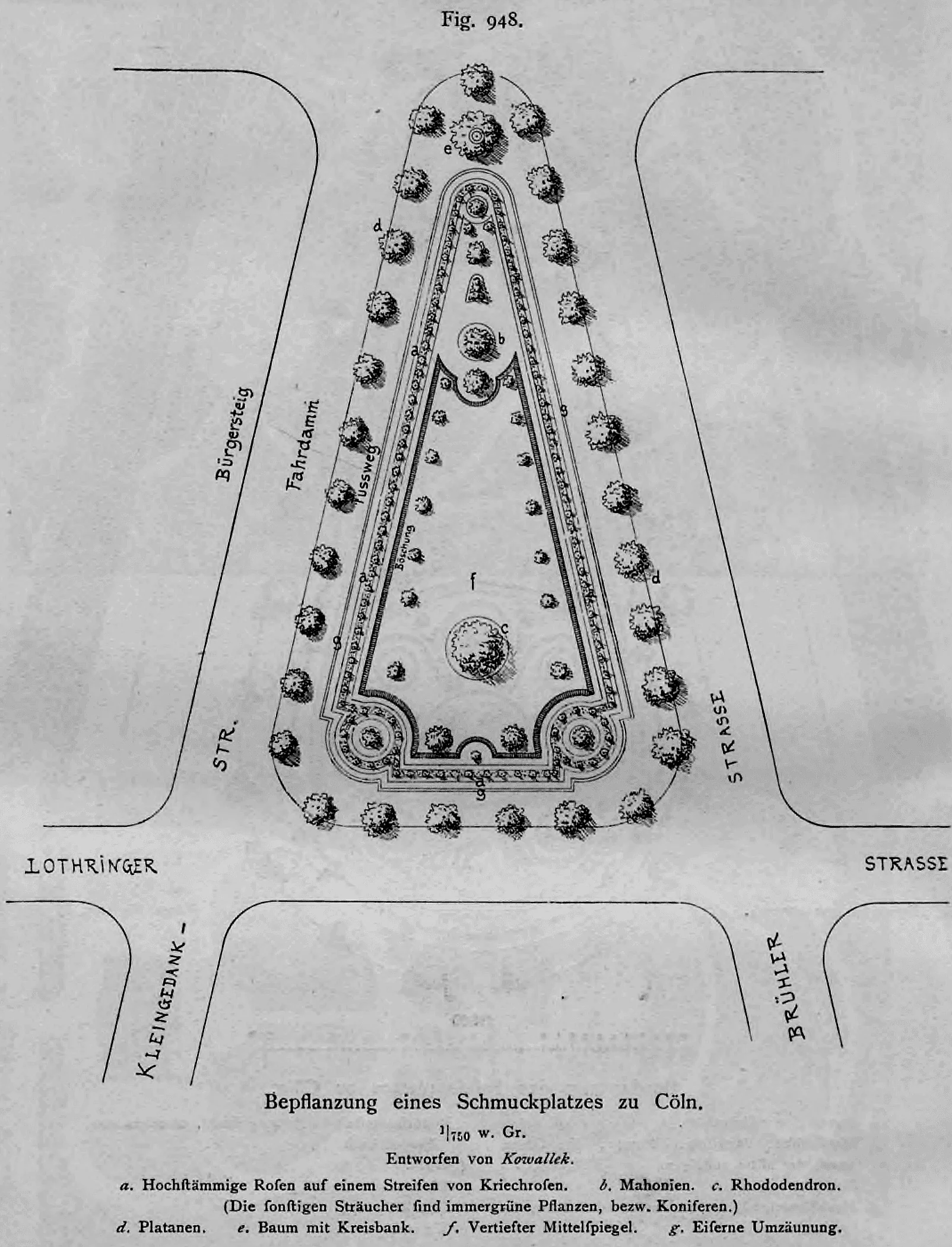 Bepflanzungs- und Gestaltungsplan für einen spitz zulaufenden Schmuckplatz in Köln, entworfen von Kowallek.