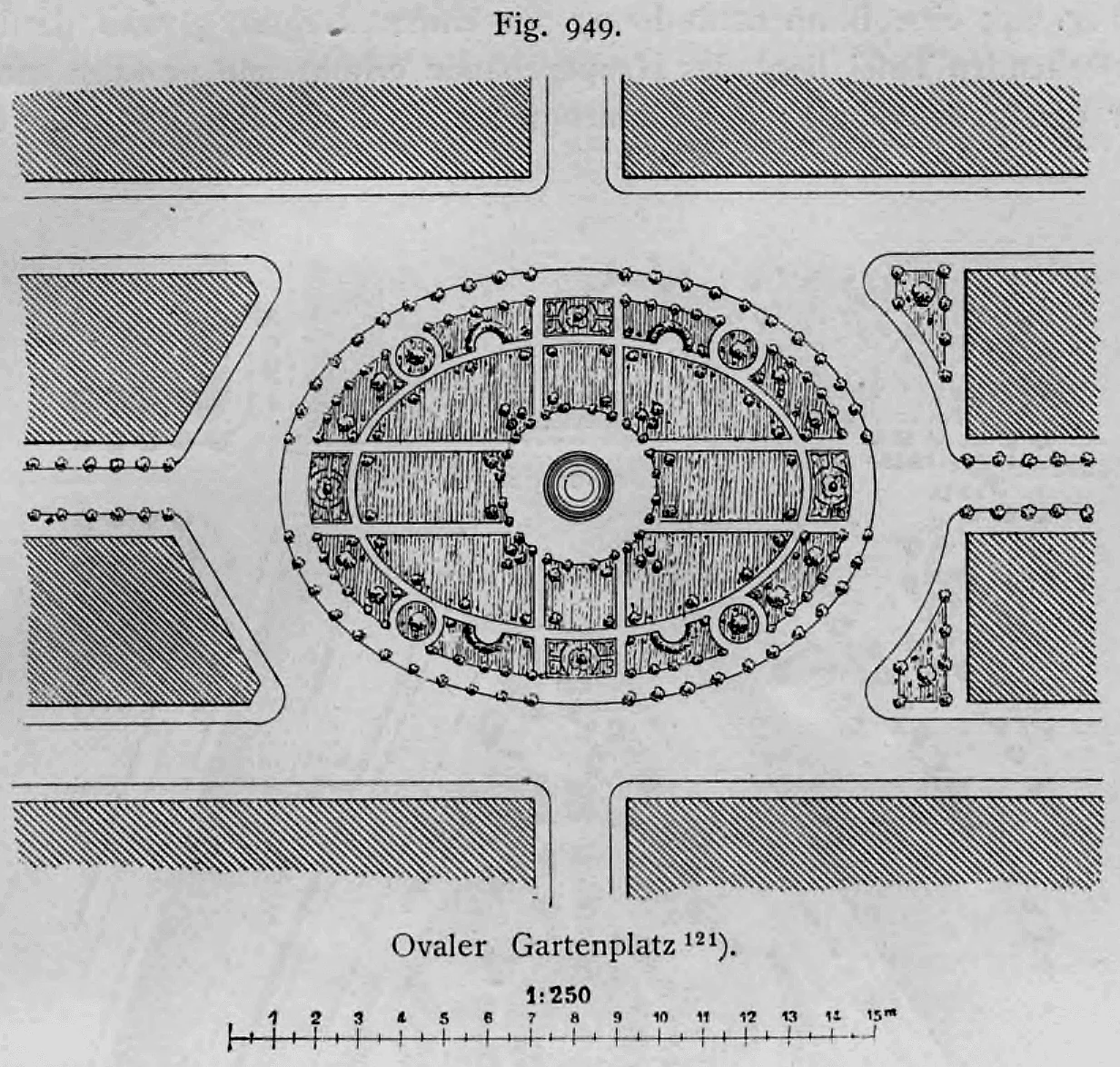 Grundriss und gärtnerischer Gestaltungsplan eines symmetrischen ovalen Gartenplatzes im Maßstab 1:250.