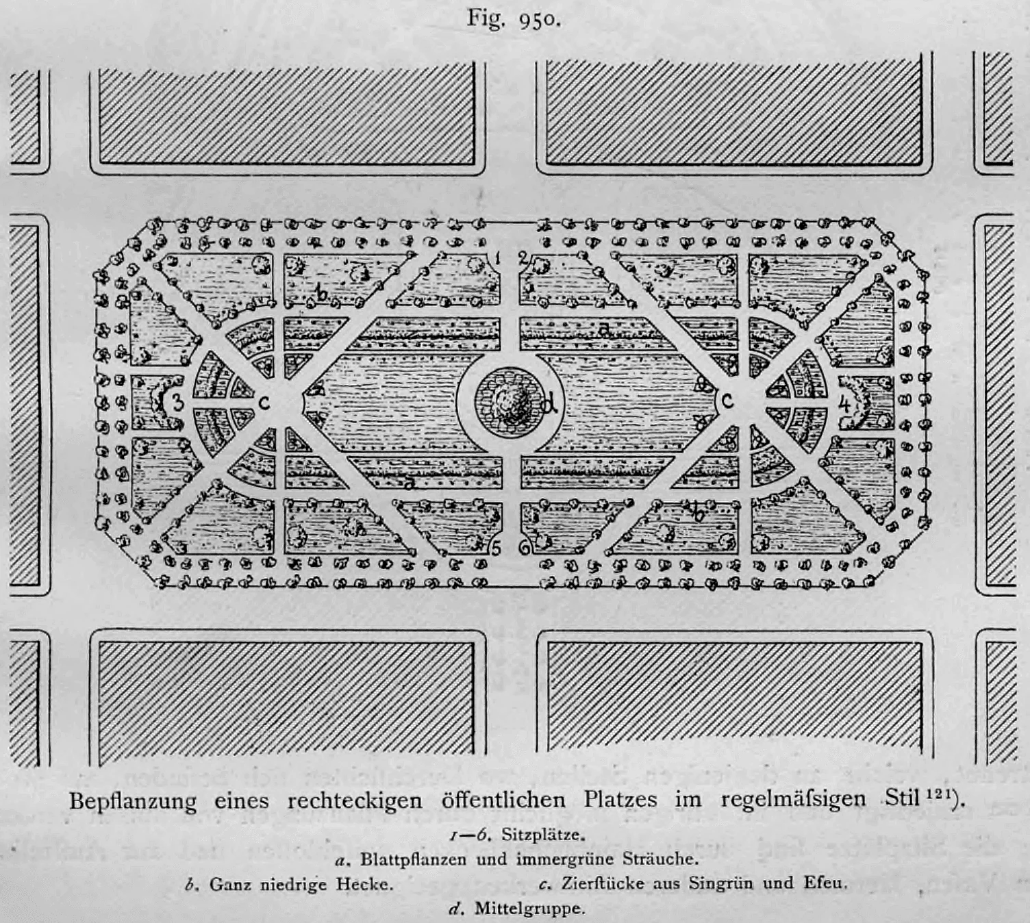 Grundrissplan für die Bepflanzung eines rechteckigen öffentlichen Platzes im regelmäßigen, geometrischen Stil.