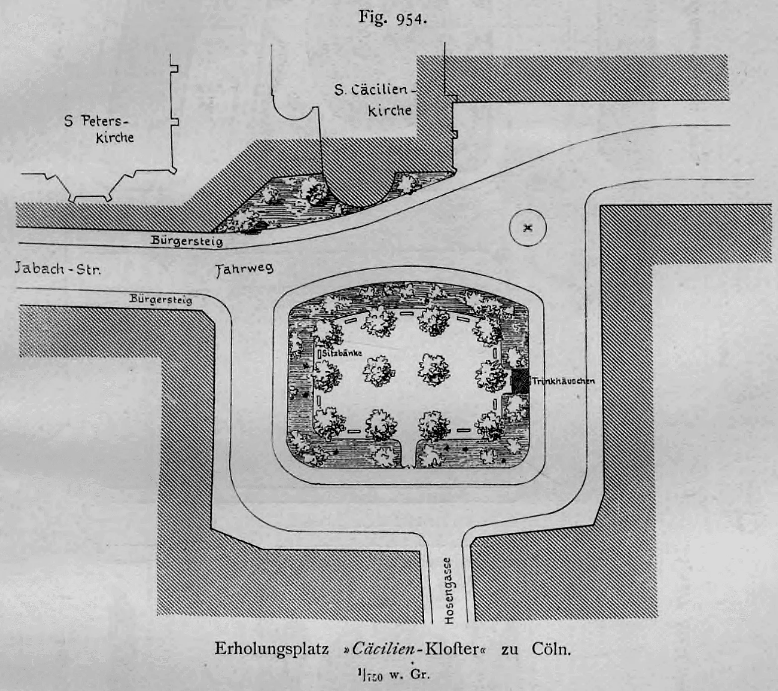 Lageplan des Erholungsplatzes Cäcilien-Kloster in Köln im Maßstab 1:750.