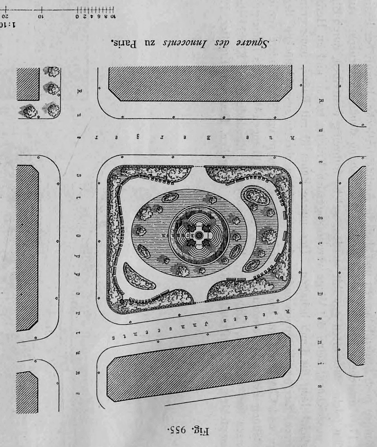 Lageplan des Square des Innocents in Paris mit zentralem Brunnen und landschaftlicher Wegeführung.