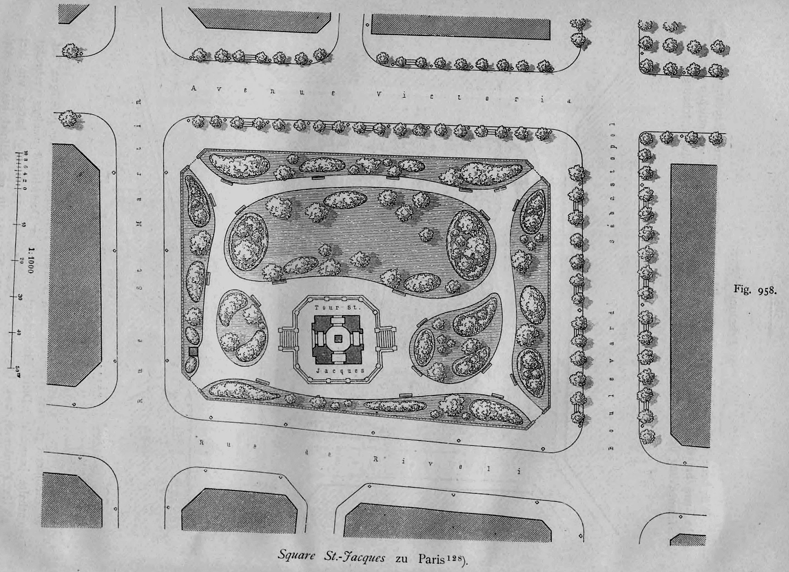 Lageplan des Square Saint-Jacques in Paris mit der zentralen Tour Saint-Jacques und umliegenden Straßen im Maßstab 1:1000.