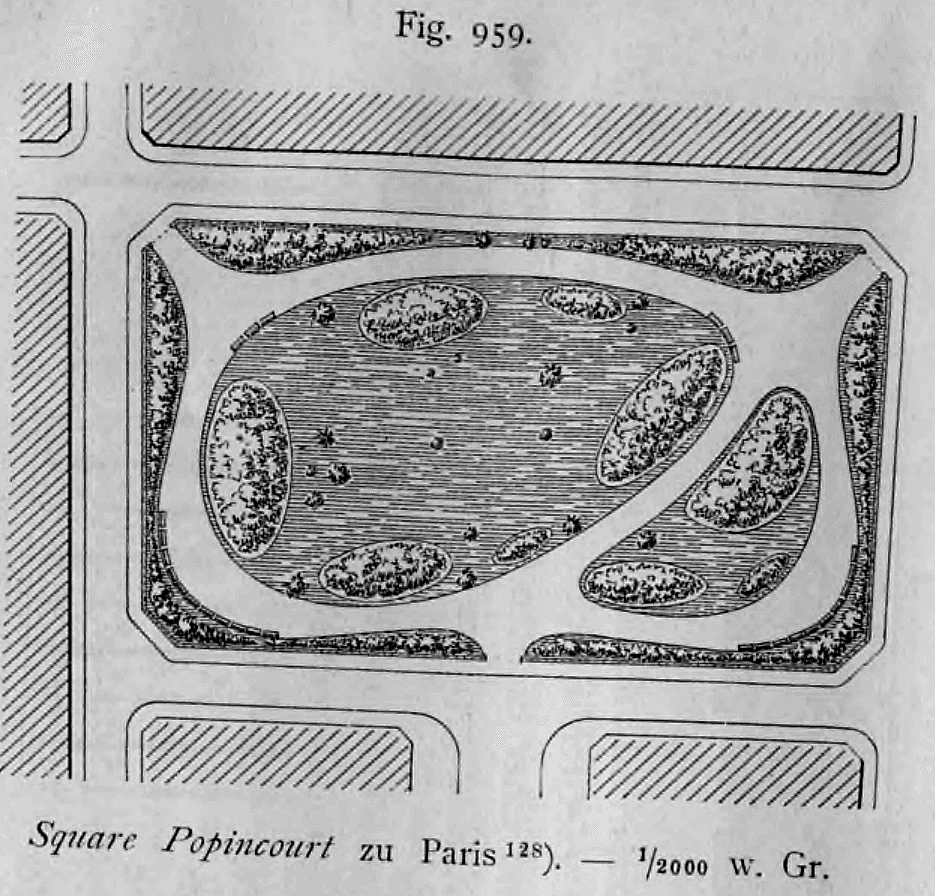 Grundrissplan der Schmuckanlage Square Popincourt in Paris im Maßstab 1:2000.