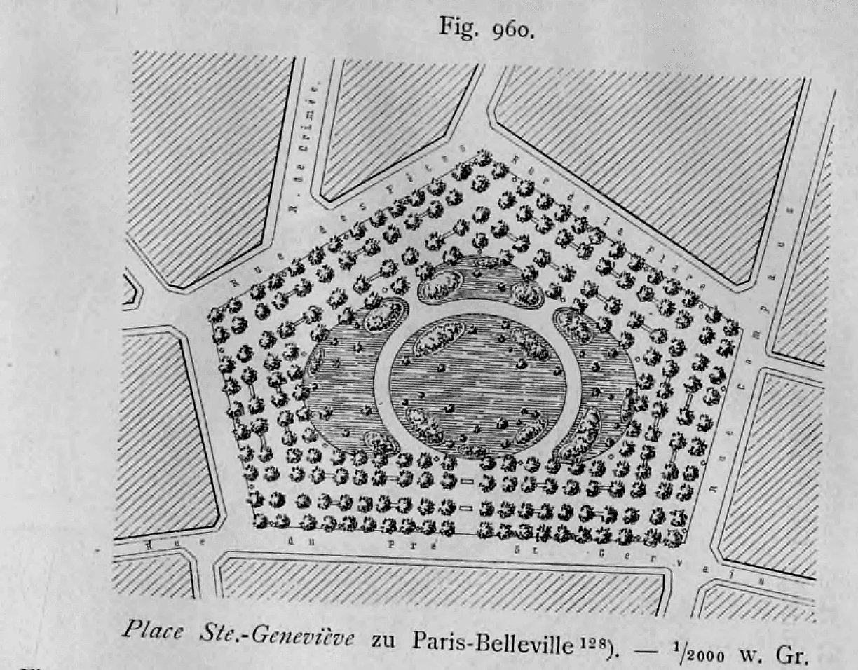Lageplan der Place Sainte-Geneviève in Paris-Belleville mit umlaufenden Baumreihen und zentraler Schmuckanlage.
