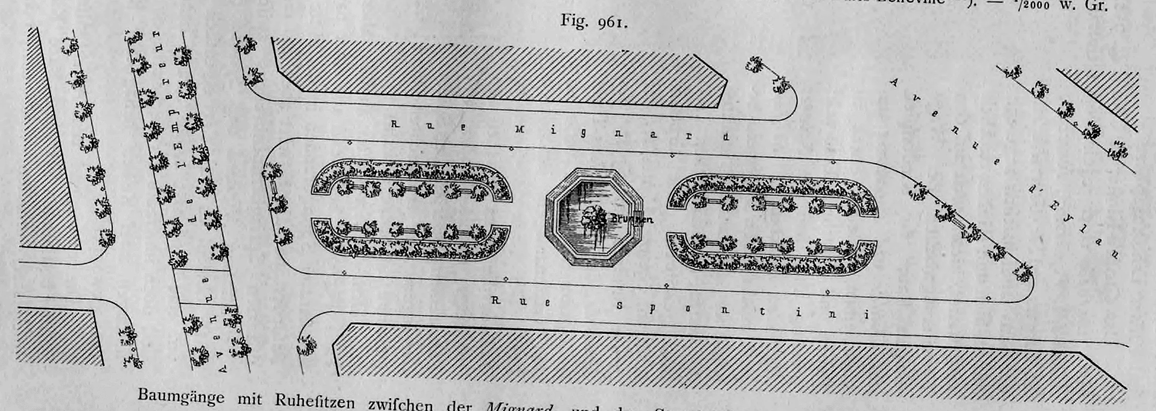 Grundriss eines begrünten Erholungsstreifens mit zentralem Brunnenbecken und Baumgängen zwischen der Rue Mignard und der Rue Spontini in Paris.