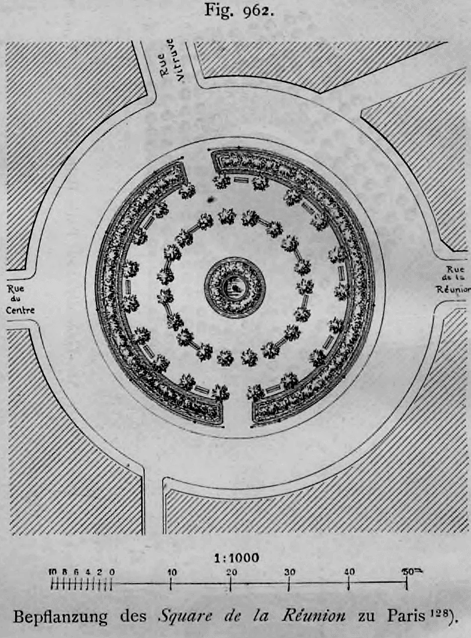 Lage- und Bepflanzungsplan des kreisrunden Square de la Réunion in Paris im Maßstab 1:1000.