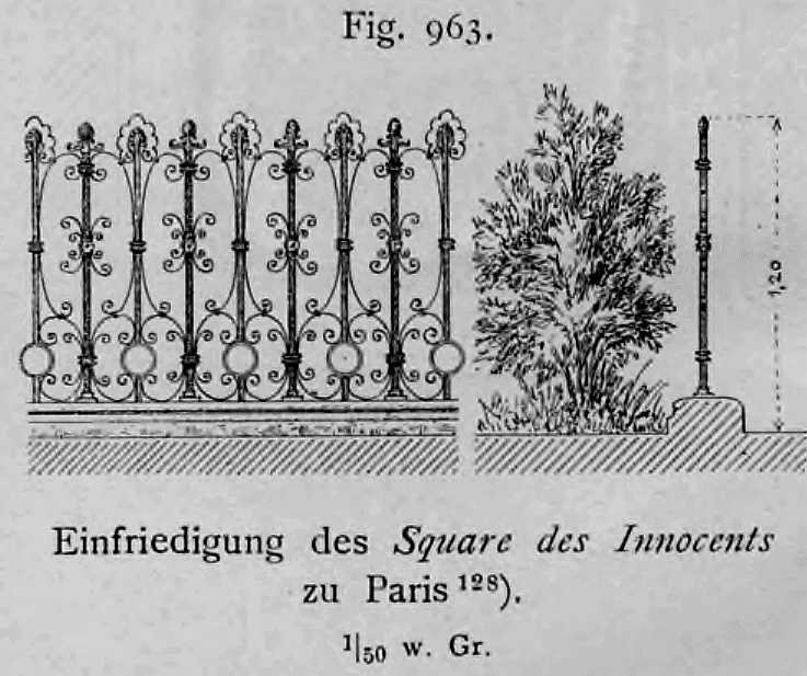 Aufriss und Querschnitt eines schmiedeeisernen Parkgitters zur Einfriedigung des Square des Innocents in Paris.