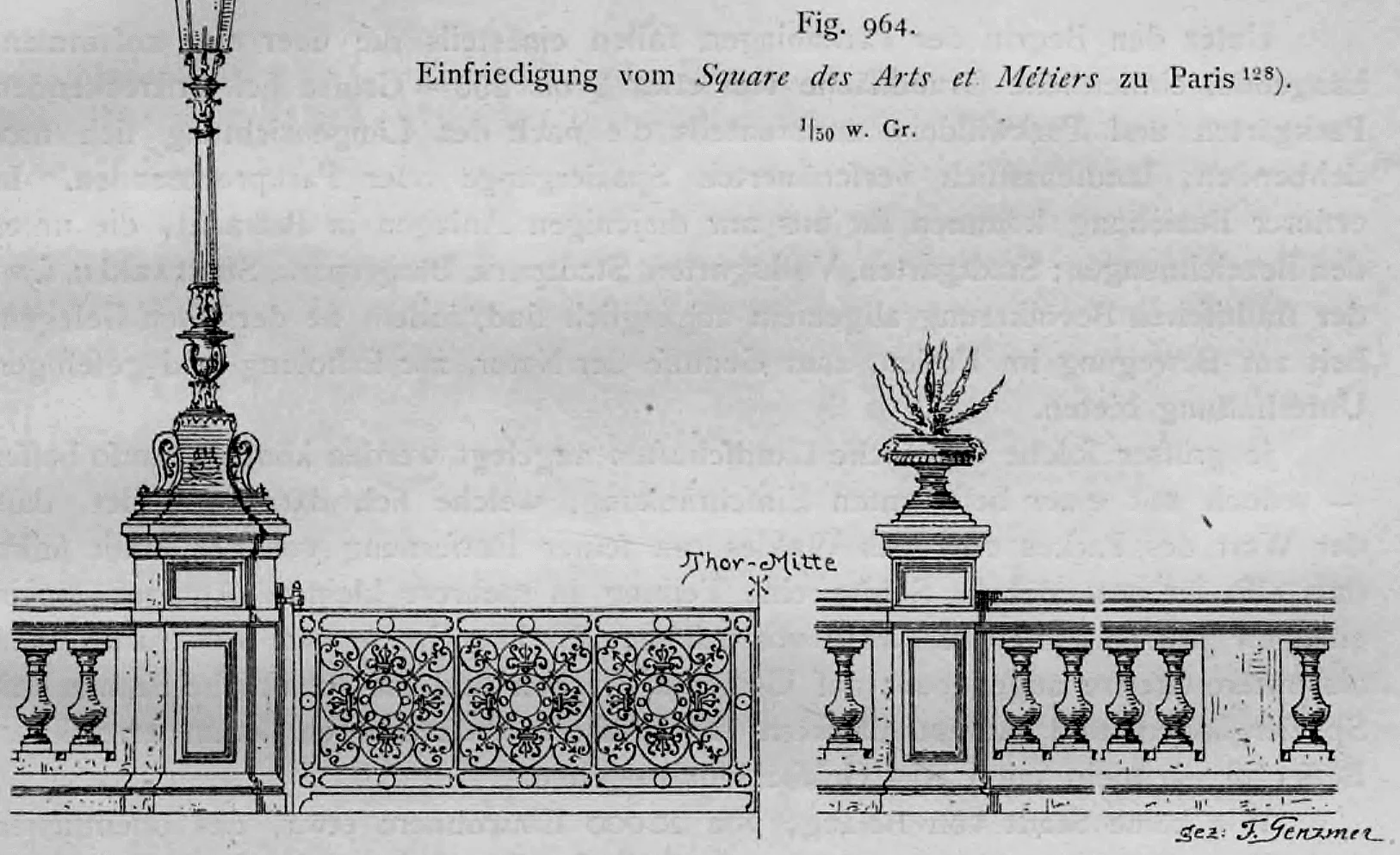 Aufrisszeichnung der schmiedeeisernen Einfriedung und Toranlage des Square des Arts et Métiers in Paris.